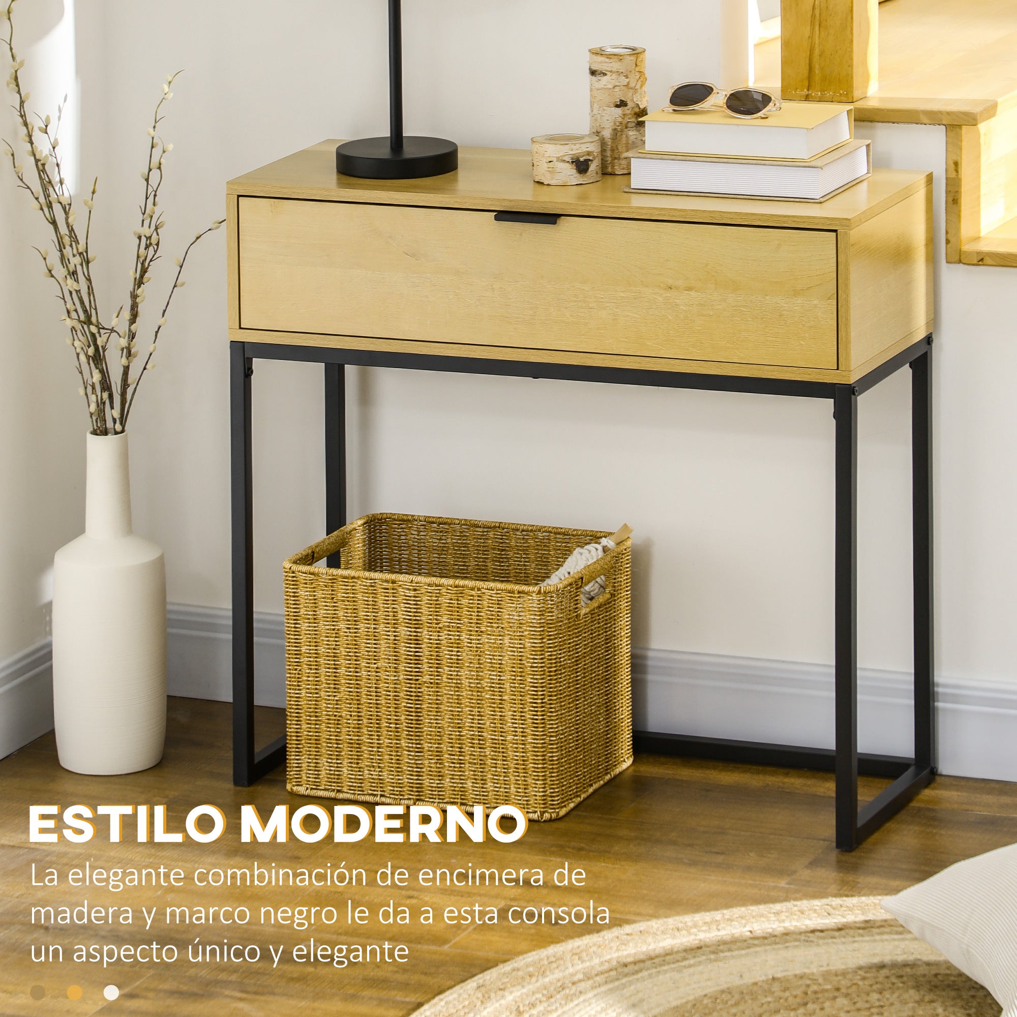 Console Table with Drawer Modern Side Table with Steel Legs for Hallway Living Room Bedroom 80x30x76 cm Natural