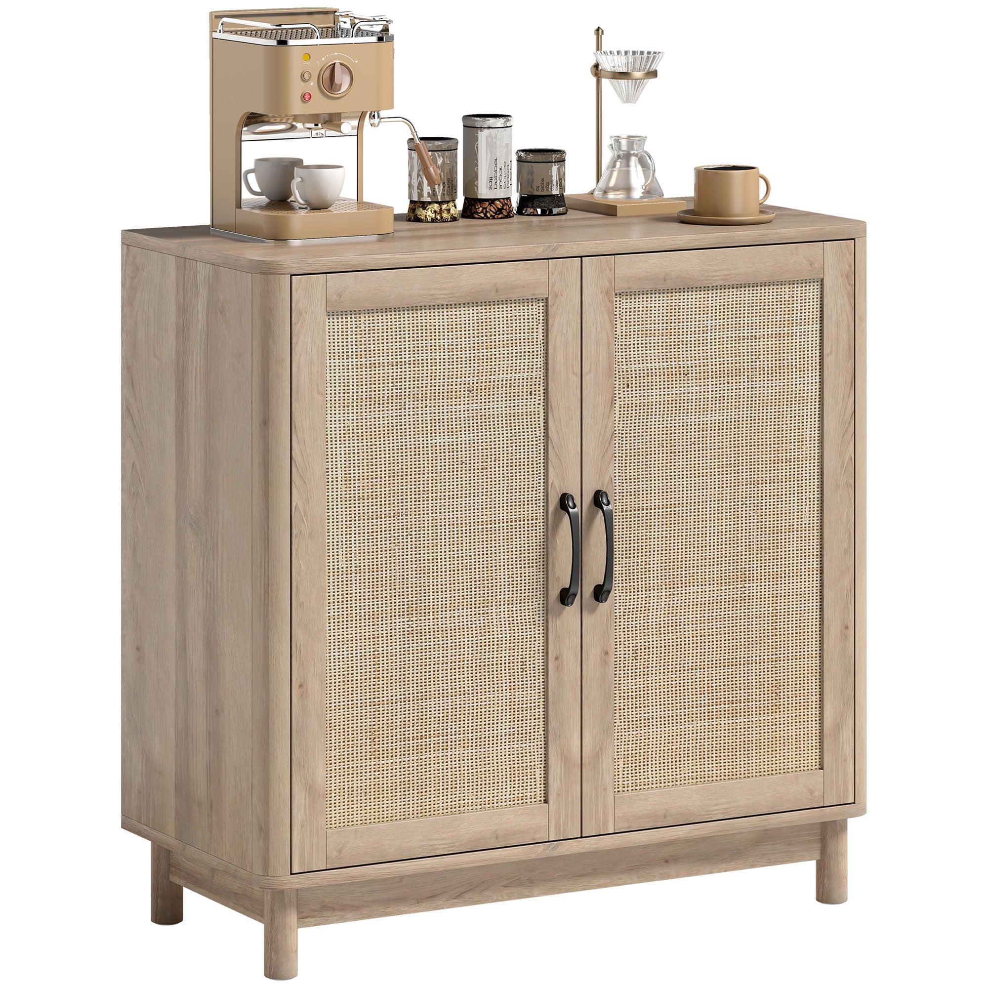 Boho Sideboard with Rattan Doors, Adjustable Shelf & Rounded Edges — Oak Finish, 30 x 13.8 x 29.7 in