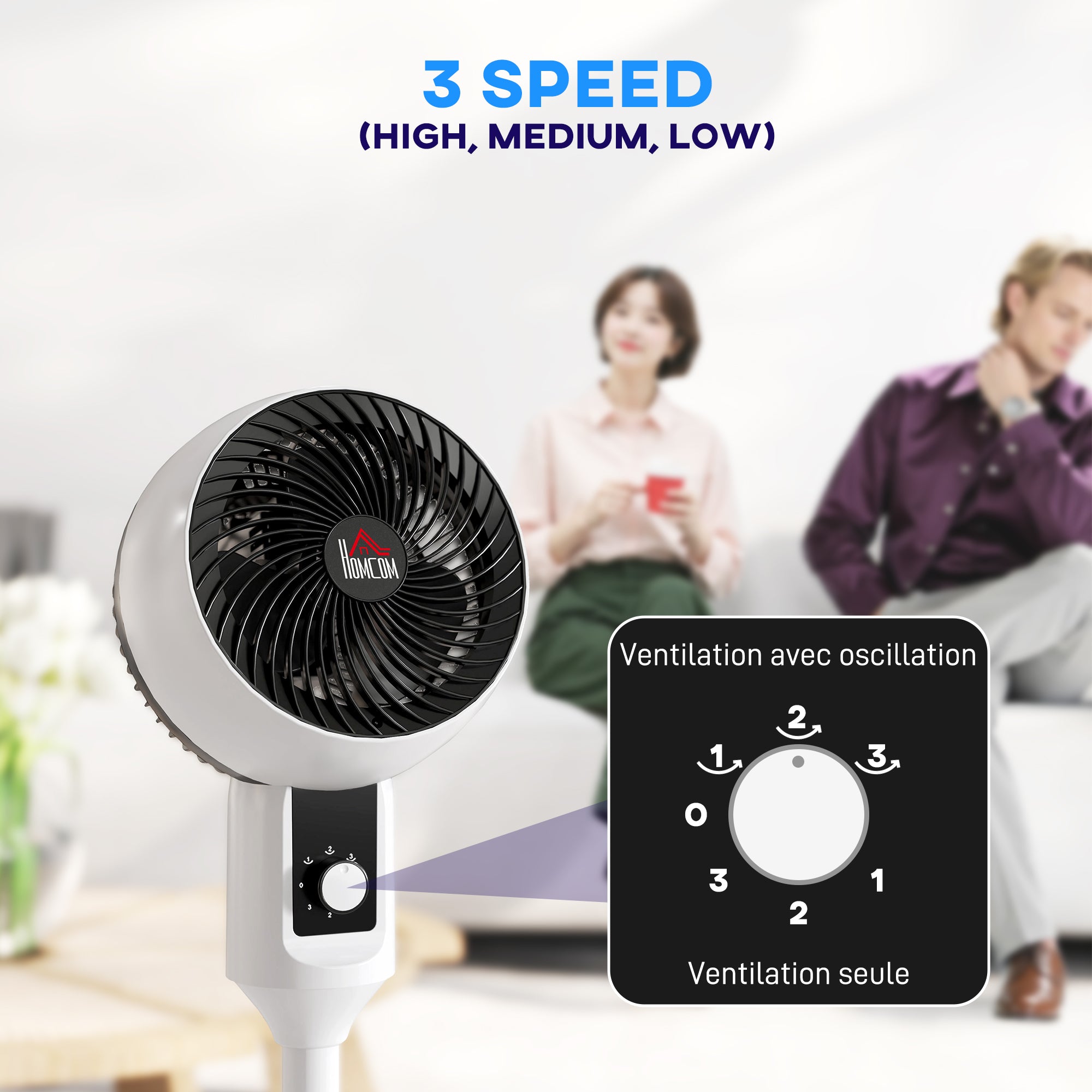 45W Pedestal Fan Air Circulator 3 Speeds, Adjustable 70° Oscillation, Portable and Lightweight Fan for Bedroom, Home or Office, Black and White