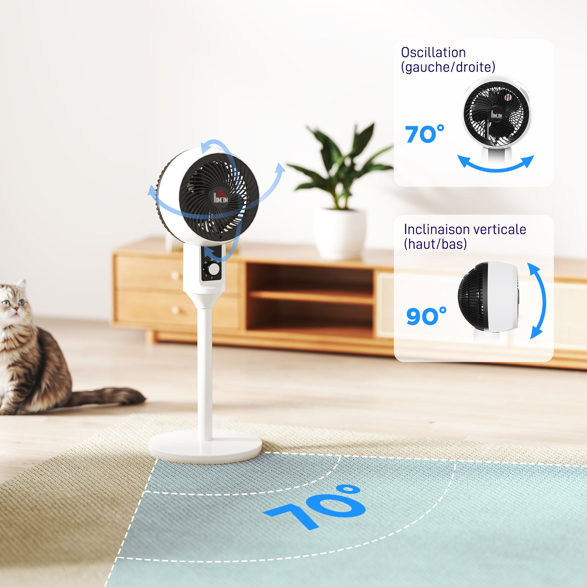 45W Pedestal Fan Air Circulator 3 Speeds, Adjustable 70° Oscillation, Portable and Lightweight Fan for Bedroom, Home or Office, Black and White