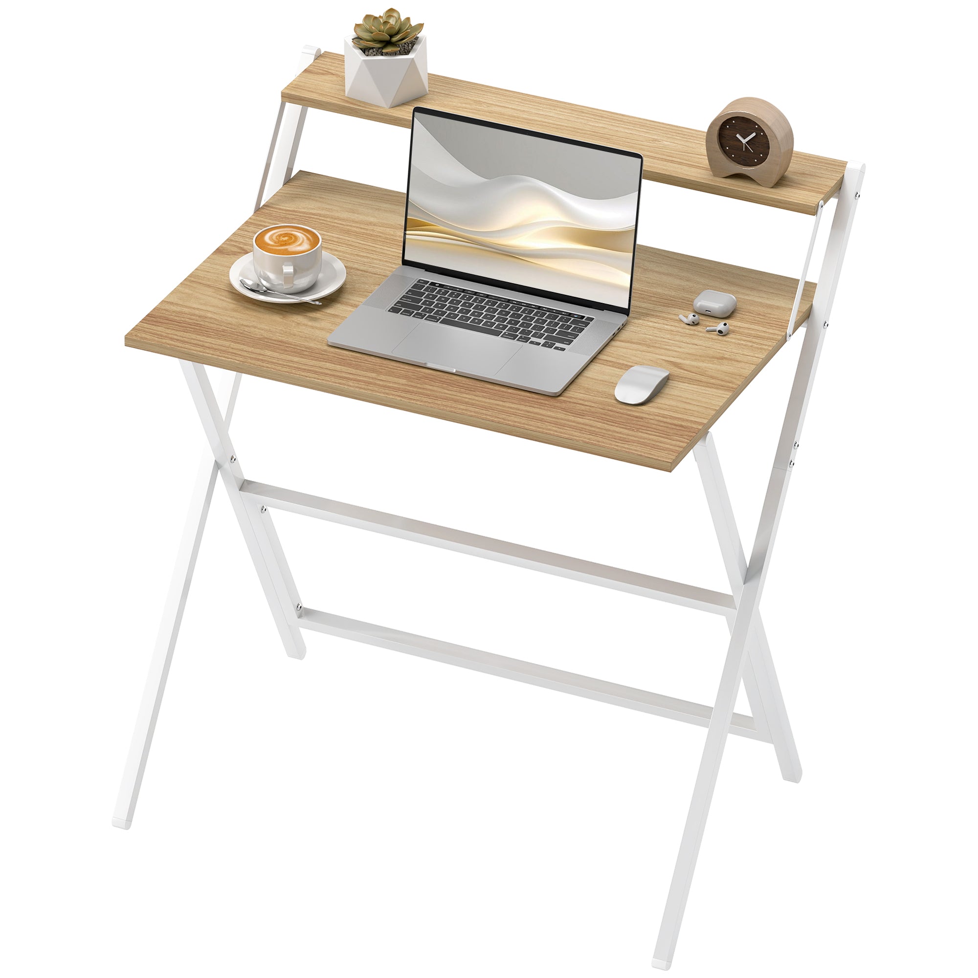 Space-Saving Folding Desk with Monitor Shelf, Small Foldable Computer Table for Office and Study, in Steel, 81.5x62x86.5 cm, Wood Color