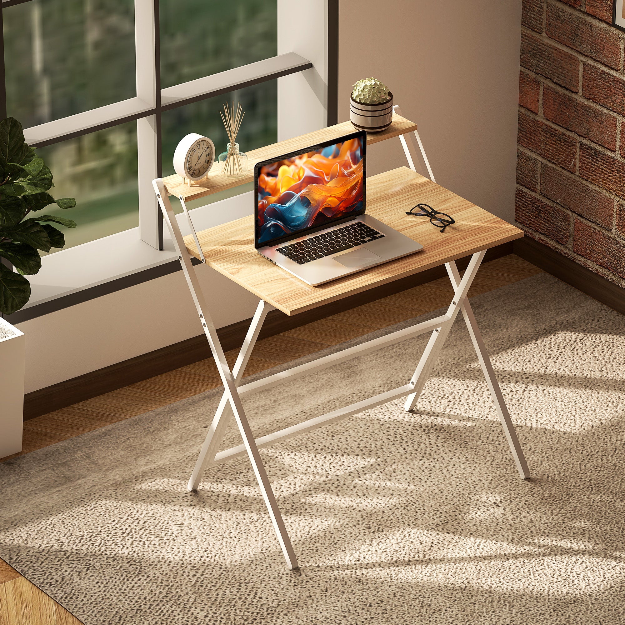 Space-Saving Folding Desk with Monitor Shelf, Small Foldable Computer Table for Office and Study, in Steel, 81.5x62x86.5 cm, Wood Color