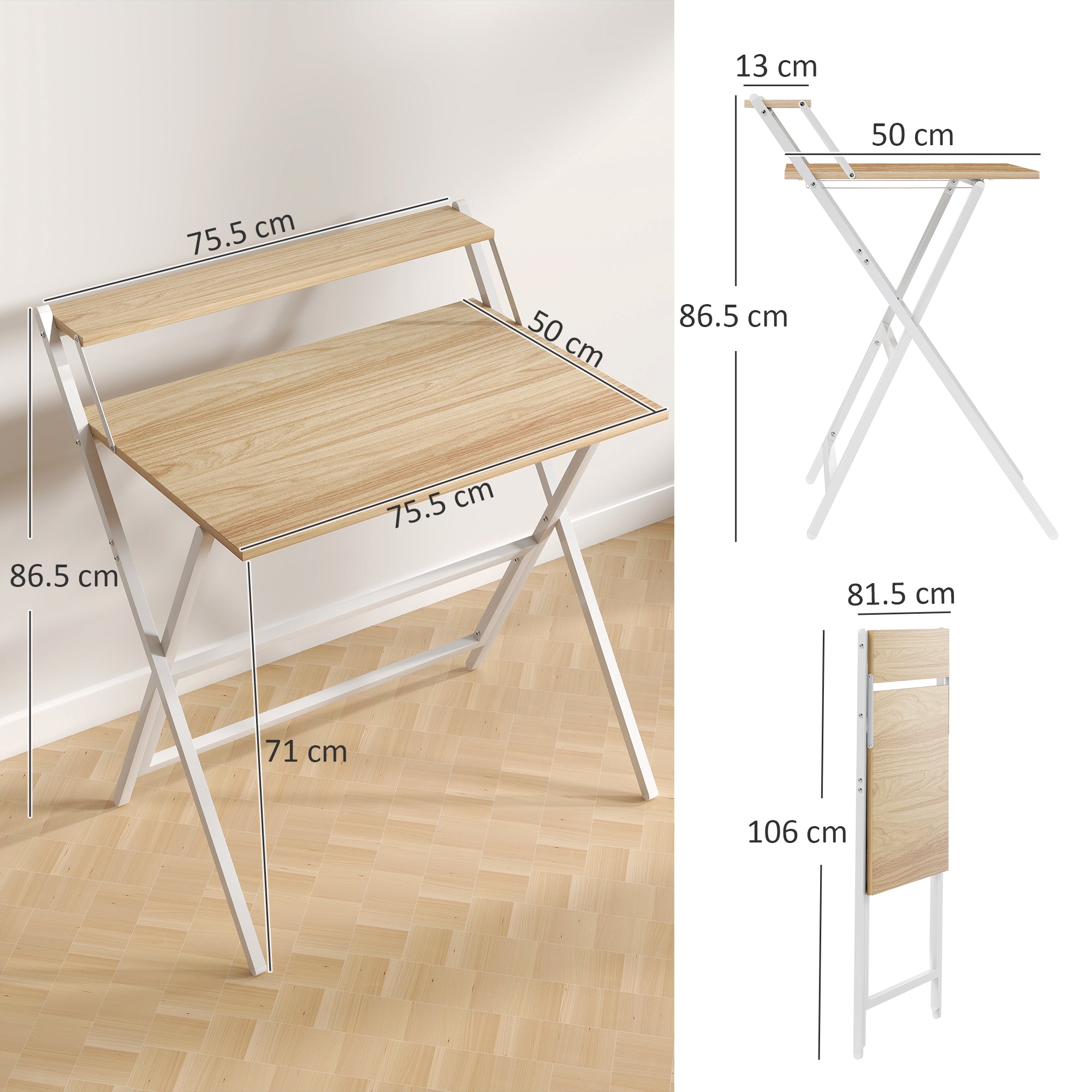 Space-Saving Folding Desk with Monitor Shelf, Small Foldable Computer Table for Office and Study, in Steel, 81.5x62x86.5 cm, Wood Color