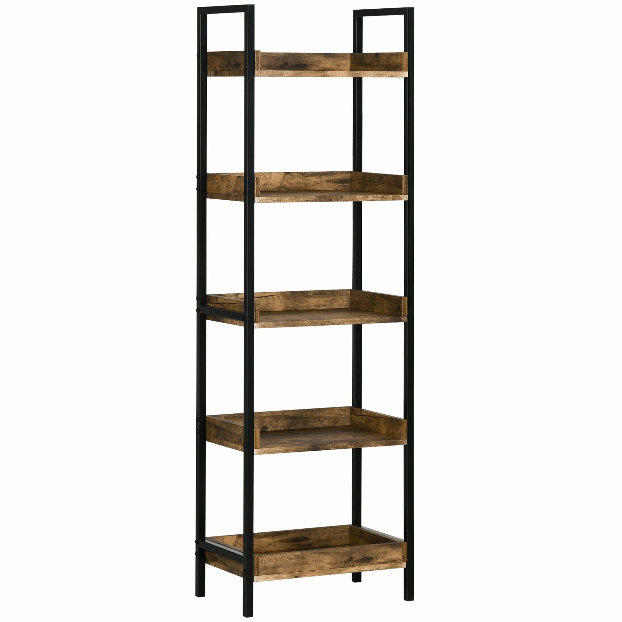 Industrial Style 5-Shelf Bookcase, Wood and Metal Bookshelf for Home and Office, 48x30x155cm, Rustic Brown