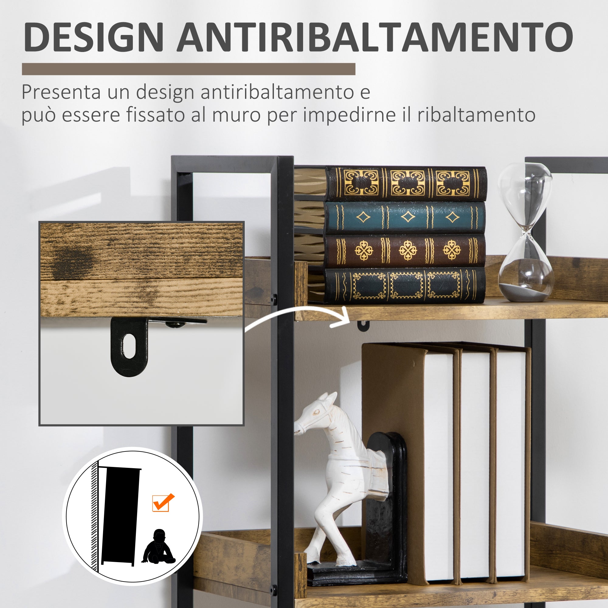 Industrial Style 5-Shelf Bookcase, Wood and Metal Bookshelf for Home and Office, 48x30x155cm, Rustic Brown