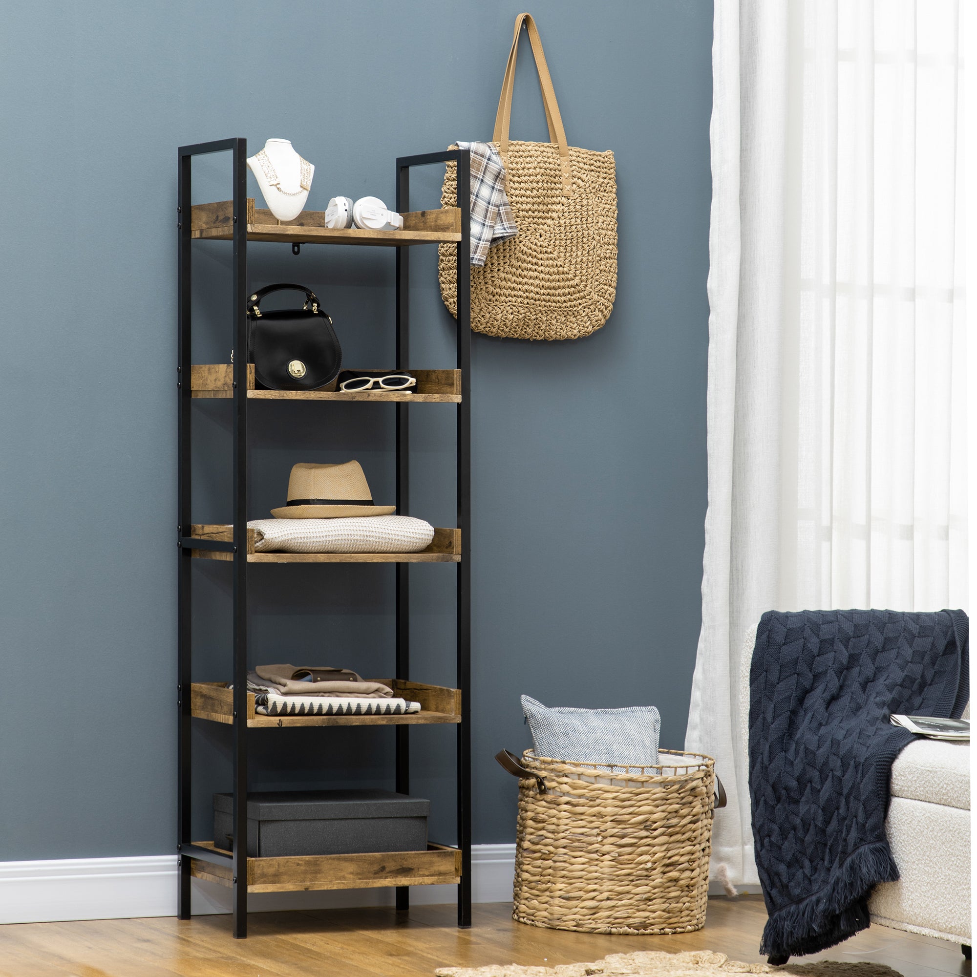 Industrial Style 5-Shelf Bookcase, Wood and Metal Bookshelf for Home and Office, 48x30x155cm, Rustic Brown