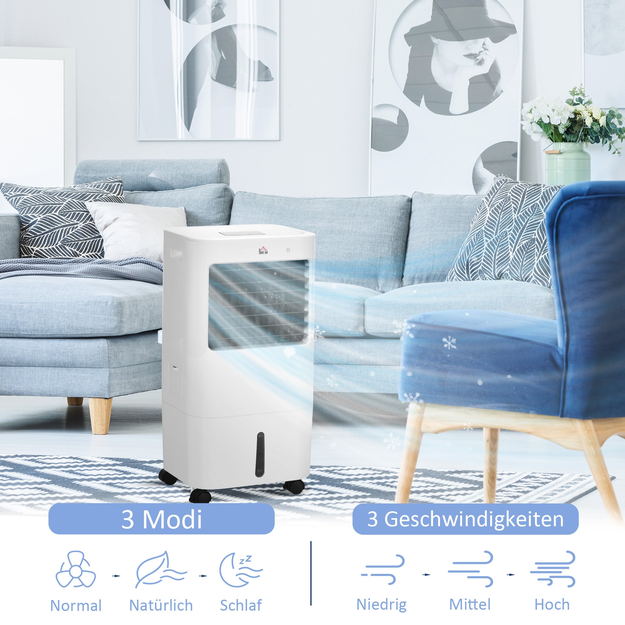 3 in 1 Mobile Air Conditioner with Humidification Water Cooling 15L 60° Oscillating Air Conditioning Unit 65W Air Cooler with 8h Timer, Remote Control, Usage Area 20 ㎡ White 32 x 37 x 69 cm