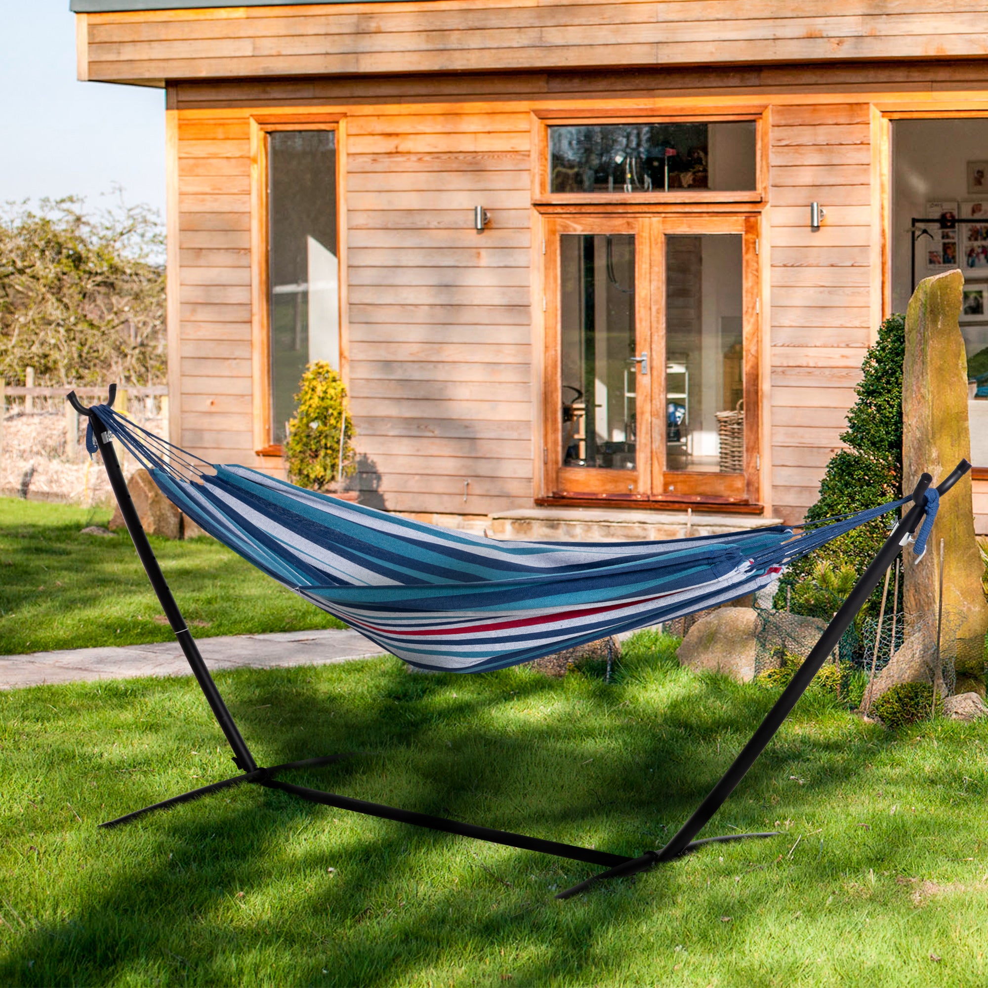 Hammock with Stand 310x117 cm Camping Hammock with Portable Carrying Bag Adjustable Height 120 kg Load for Patio Terrace Blue and White Stripes