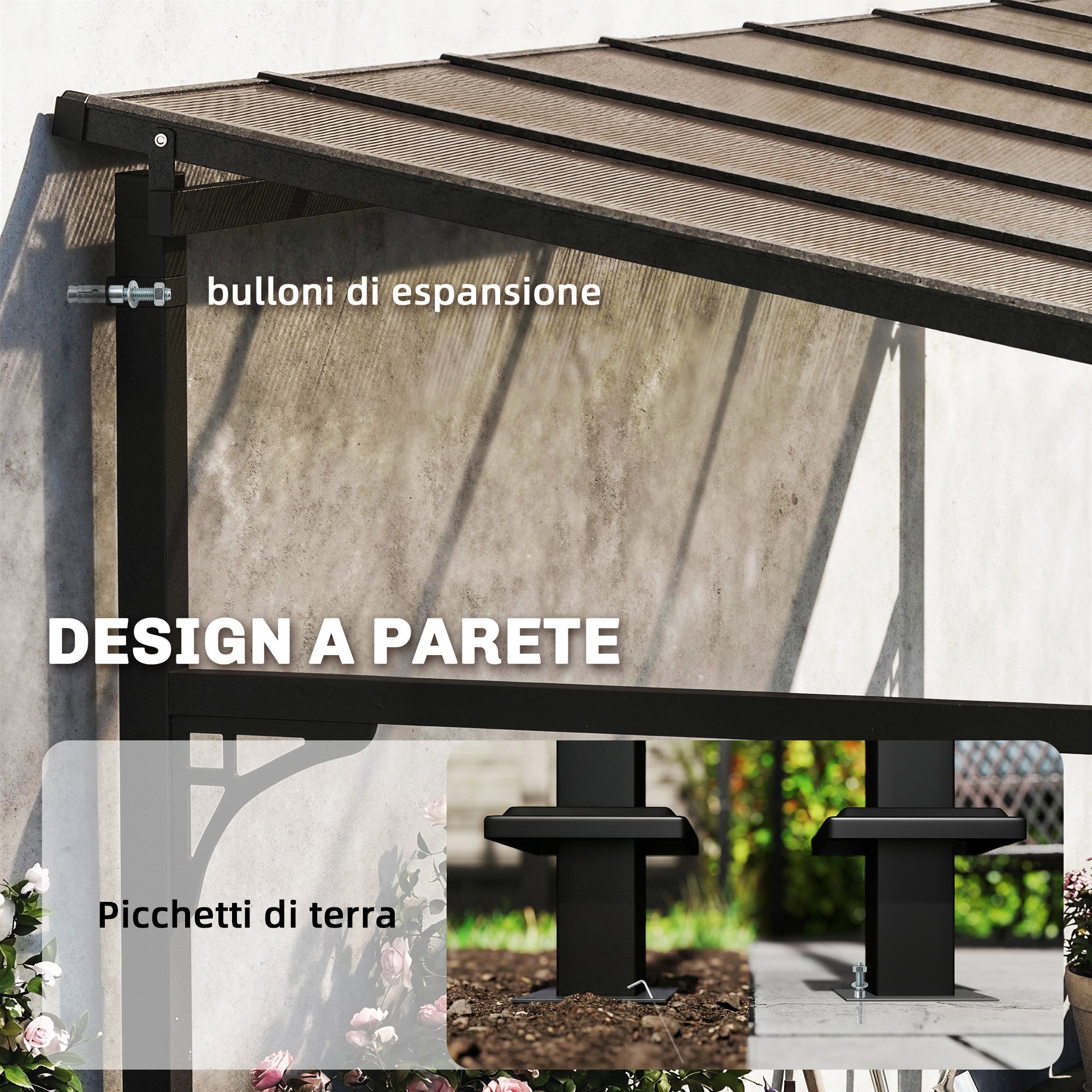 4 x 3 m Wall-Mounted Pergola with 7 mm Polycarbonate Roof — Metal & Aluminum Garden Gazebo, UV Protection, Brown