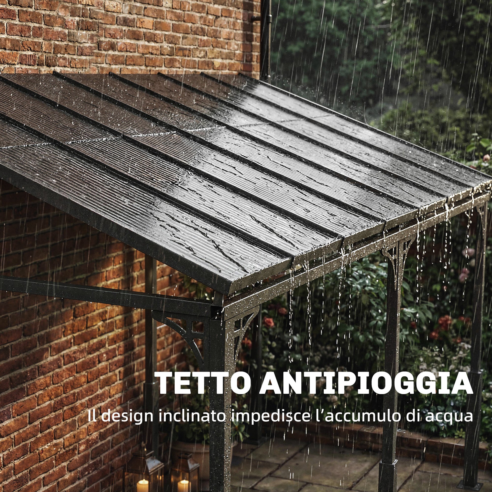 4 x 3 m Wall-Mounted Pergola with 7 mm Polycarbonate Roof — Metal & Aluminum Garden Gazebo, UV Protection, Brown