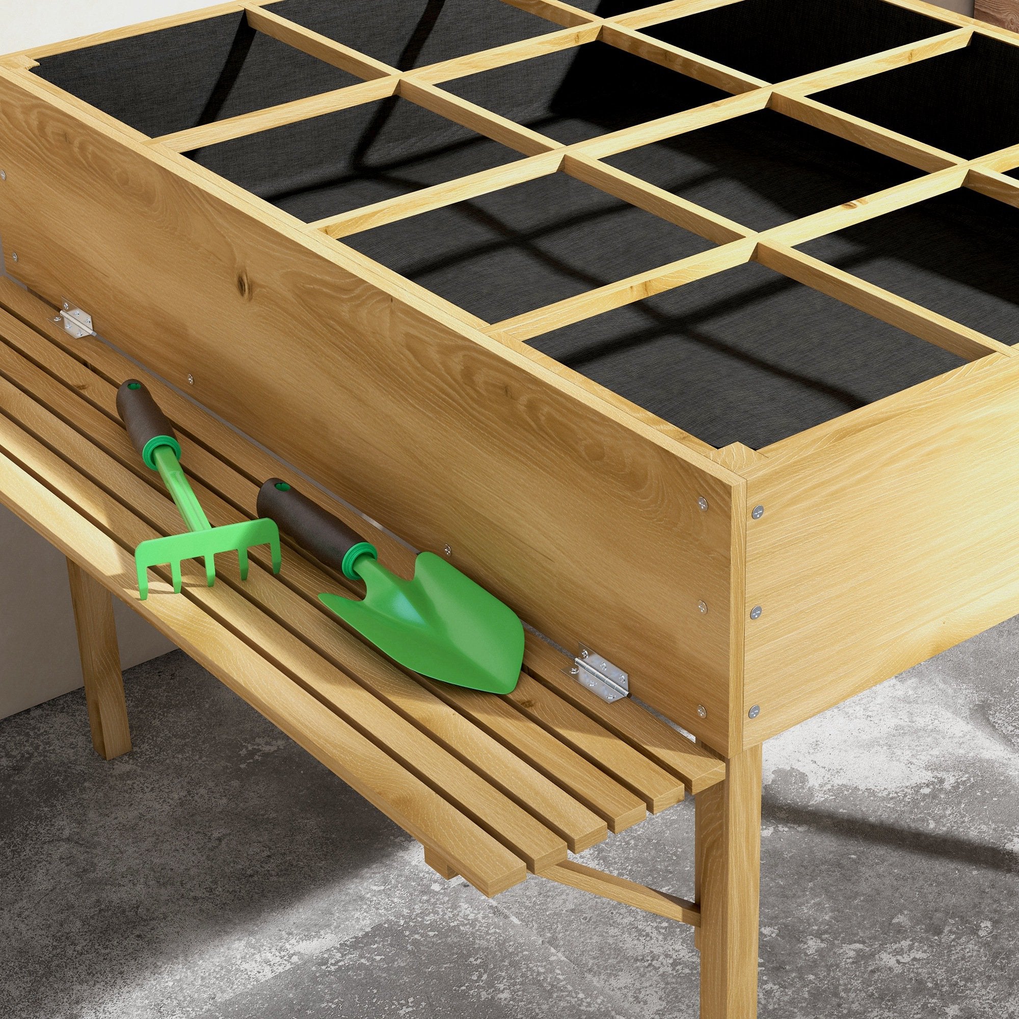 Wooden Raised Bed, Foldable Cold Frame with 12 Divider Grids, Herb Bed, Plant Box, Flower Box with Fleece Fabric for Garden, Balcony, 122 x 91.5 x 89 cm, Natural