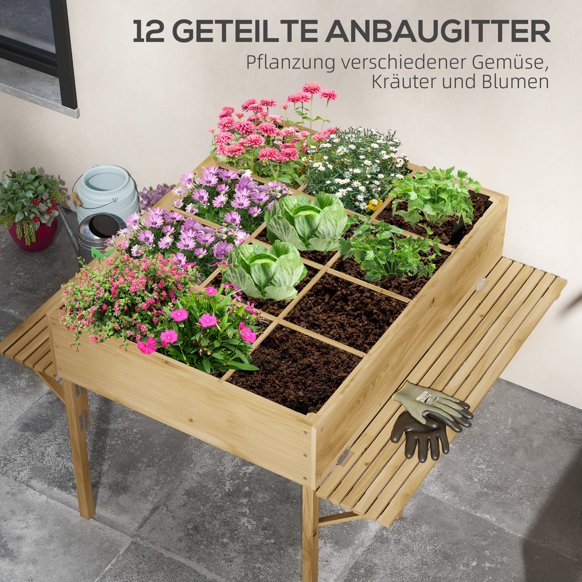 Wooden Raised Bed, Foldable Cold Frame with 12 Divider Grids, Herb Bed, Plant Box, Flower Box with Fleece Fabric for Garden, Balcony, 122 x 91.5 x 89 cm, Natural