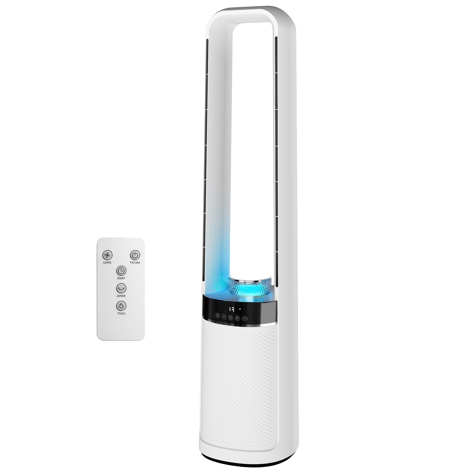 Ultra-Quiet Tower Fan — 36 dB, 36.7 in, 45° Oscillation, LED Ambient Lights, 3 Speeds, 12H Timer, Remote — White
