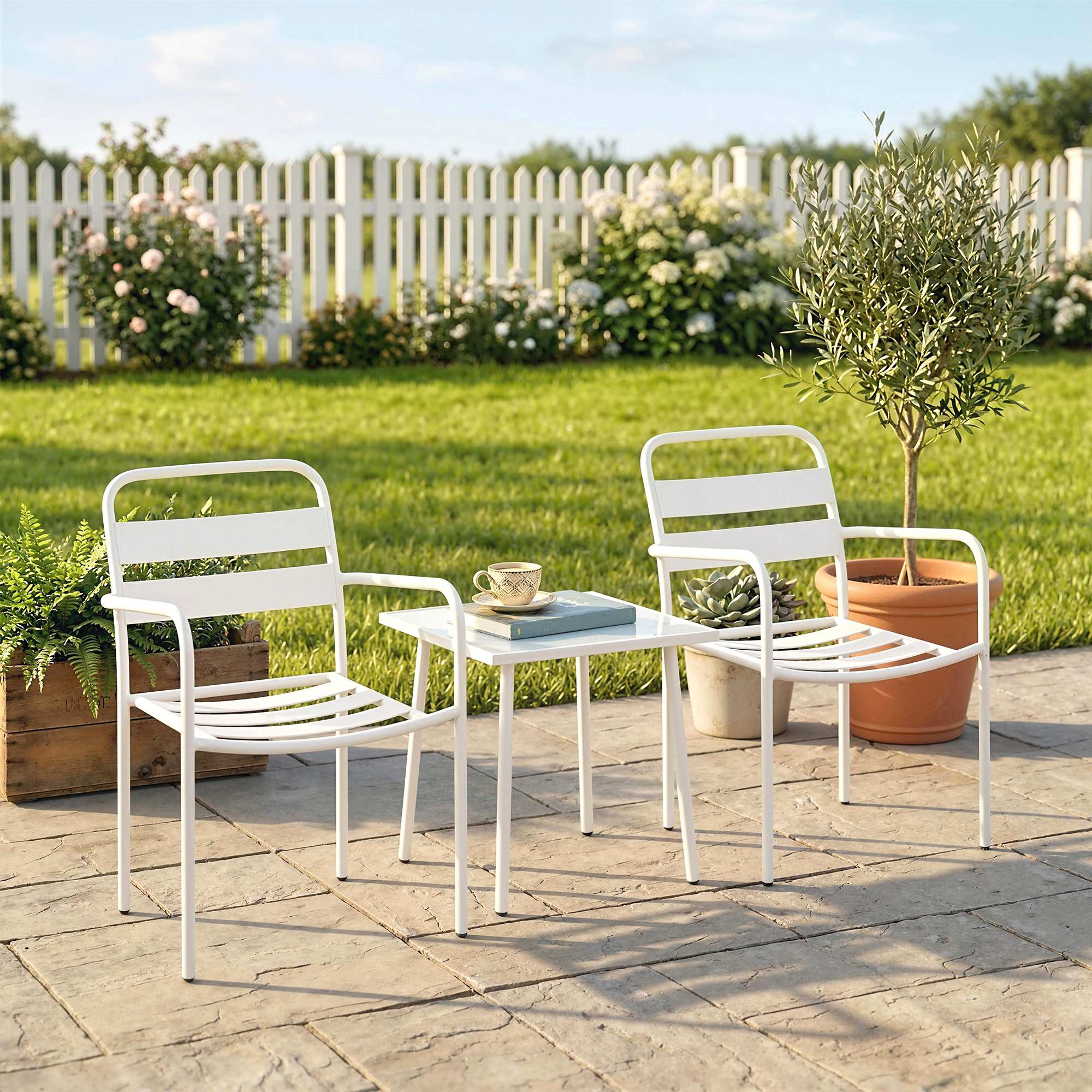 3-Piece Outdoor Garden Bistro Set – Galvanized Steel with 2 Chairs & Tempered Glass Table, Weather-Resistant, White