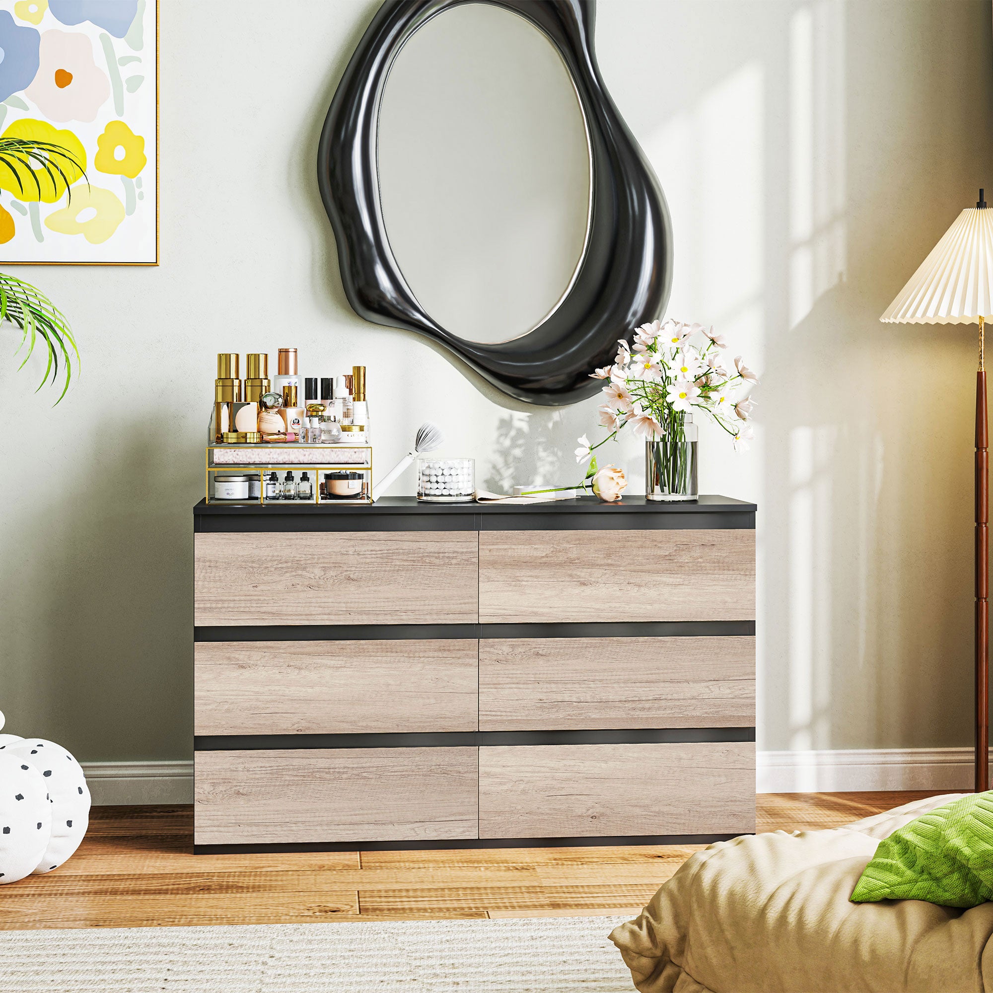 Bedroom Chest of Drawers, 6 Drawers, Wooden Dresser with Non-Slip Feet, for Living Room, Dining Room, Hallway, 120x39x75 cm, Black and Wood Color