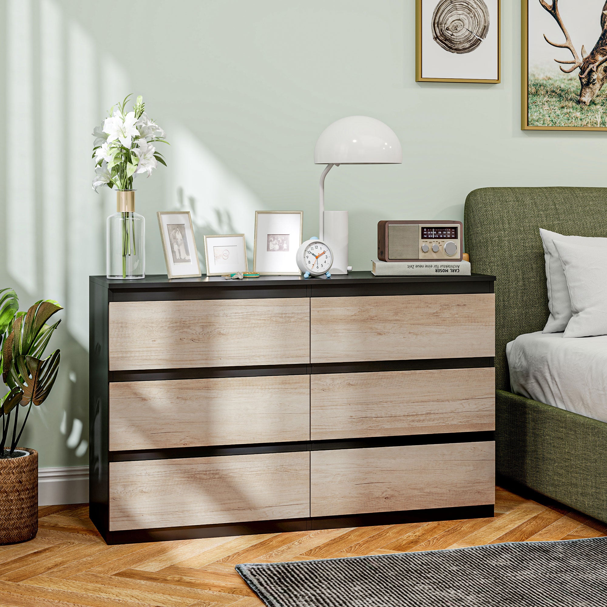 Bedroom Chest of Drawers, 6 Drawers, Wooden Dresser with Non-Slip Feet, for Living Room, Dining Room, Hallway, 120x39x75 cm, Black and Wood Color