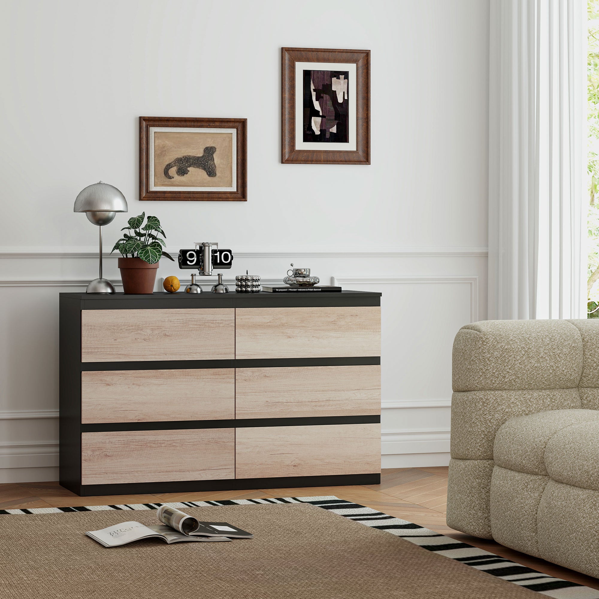 Bedroom Chest of Drawers, 6 Drawers, Wooden Dresser with Non-Slip Feet, for Living Room, Dining Room, Hallway, 120x39x75 cm, Black and Wood Color