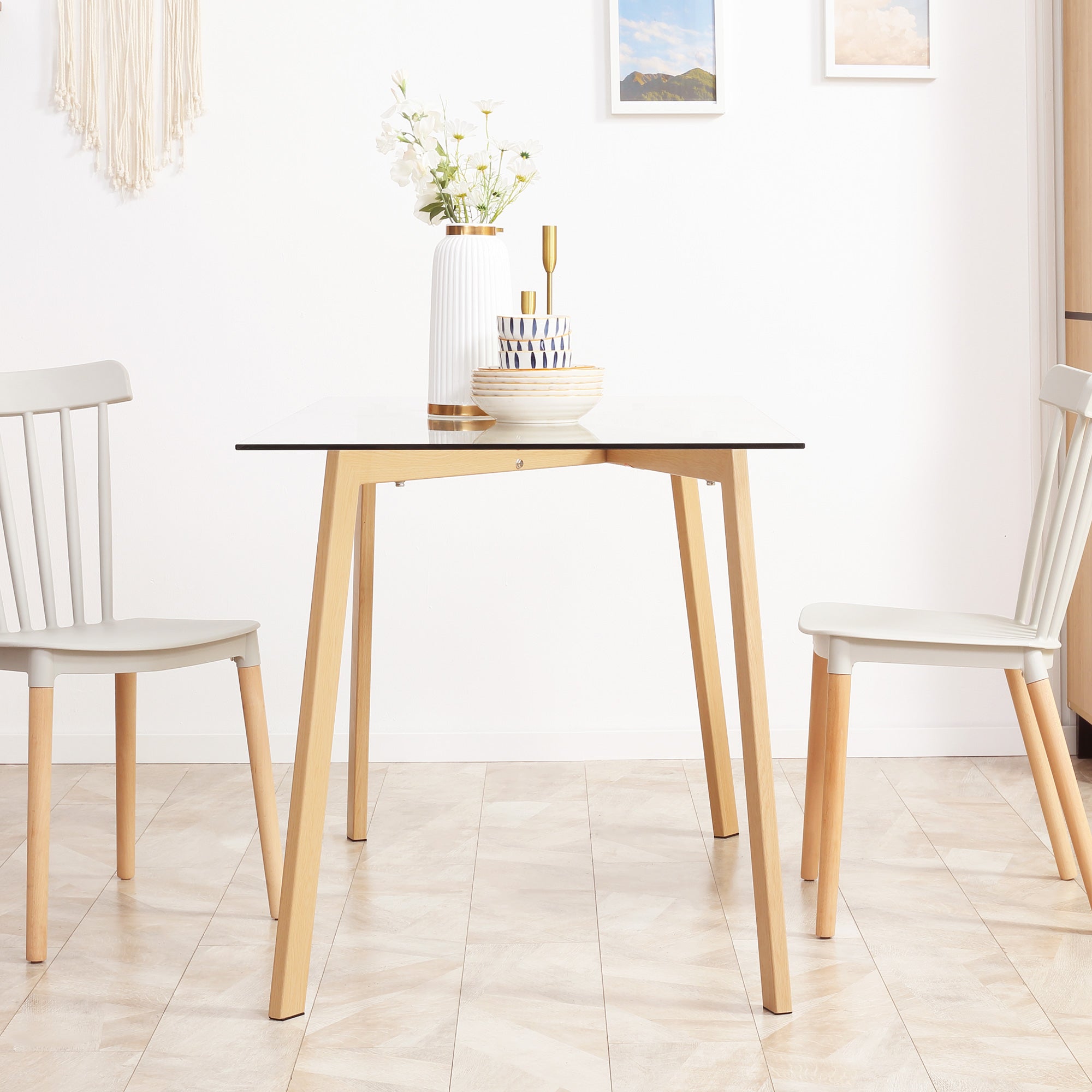 Dining Table for 4 People Modern Kitchen Table with Tempered Glass Top and Steel Legs with Wood Effect for Living Room 120x60x76 cm Clear