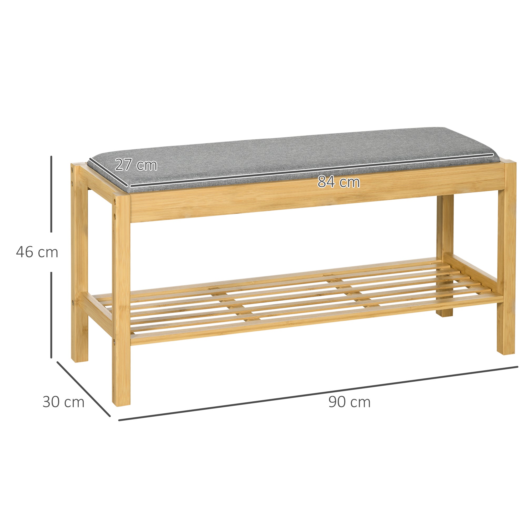 Bamboo Shoe Bench Shoe Rack with Upholstered Seat for 3 Pairs of Shoes with Slatted Shelf for Entryway Hallway 90x30x46 cm Natural
