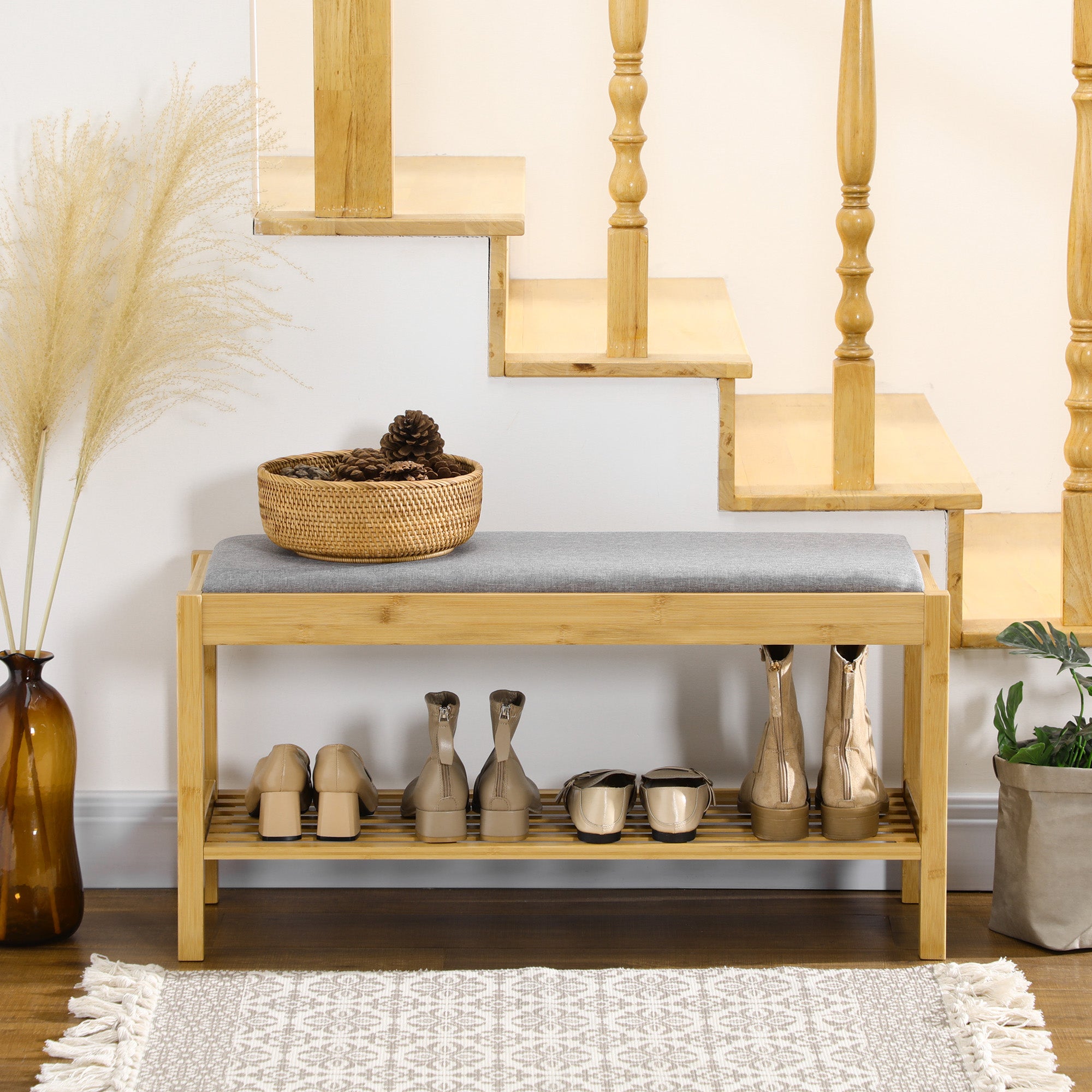 Bamboo Shoe Bench Shoe Rack with Upholstered Seat for 3 Pairs of Shoes with Slatted Shelf for Entryway Hallway 90x30x46 cm Natural