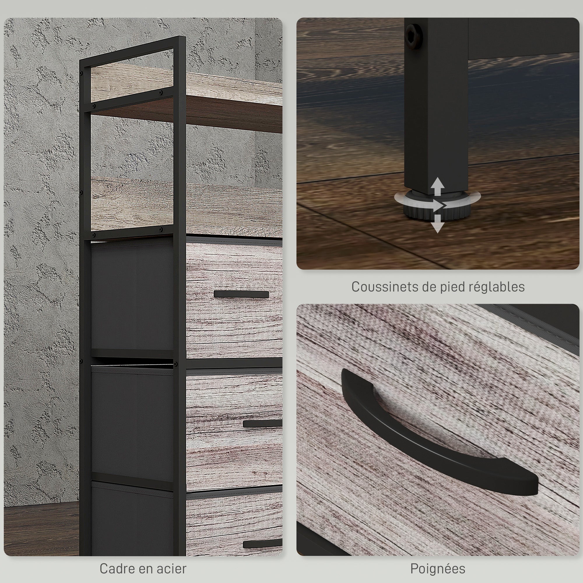 Bedroom Chest of Drawers Storage Cabinet with 7 Foldable and Removable Fabric Drawers, Open Shelves, and Steel Frame, Dresser for Living Room, Bedroom, Entryway, Gray