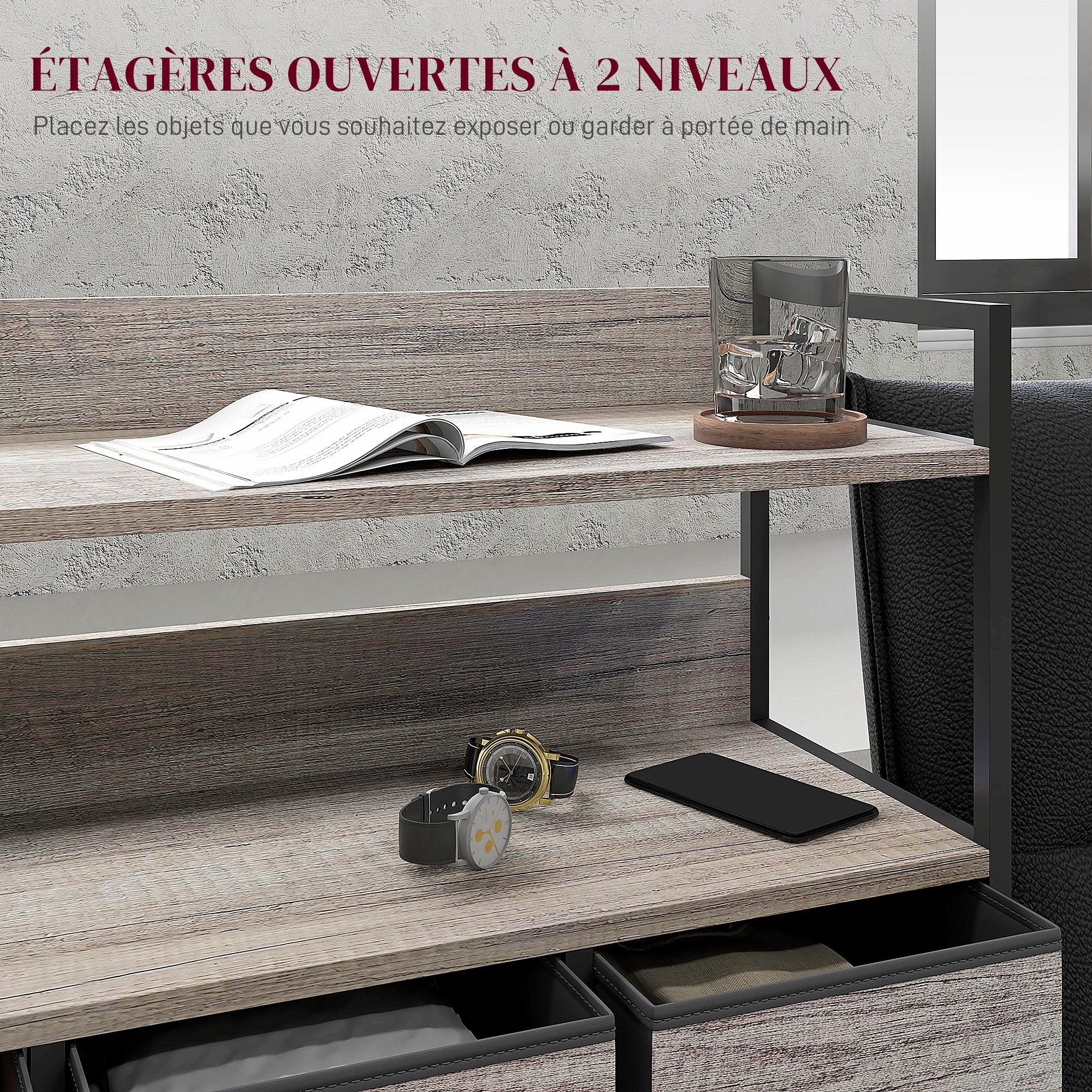 Bedroom Chest of Drawers Storage Cabinet with 7 Foldable and Removable Fabric Drawers, Open Shelves, and Steel Frame, Dresser for Living Room, Bedroom, Entryway, Gray