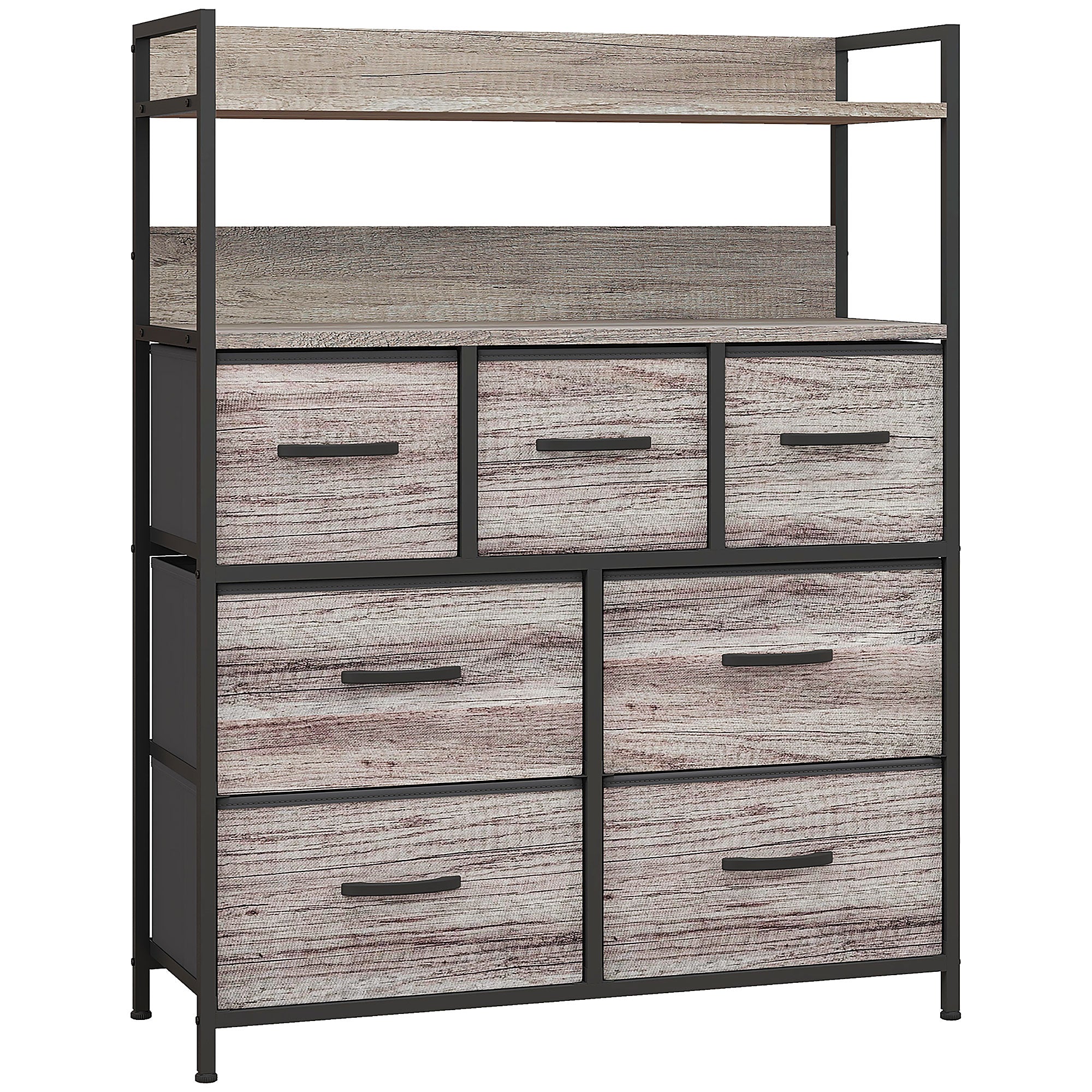 Bedroom Chest of Drawers Storage Cabinet with 7 Foldable and Removable Fabric Drawers, Open Shelves, and Steel Frame, Dresser for Living Room, Bedroom, Entryway, Gray