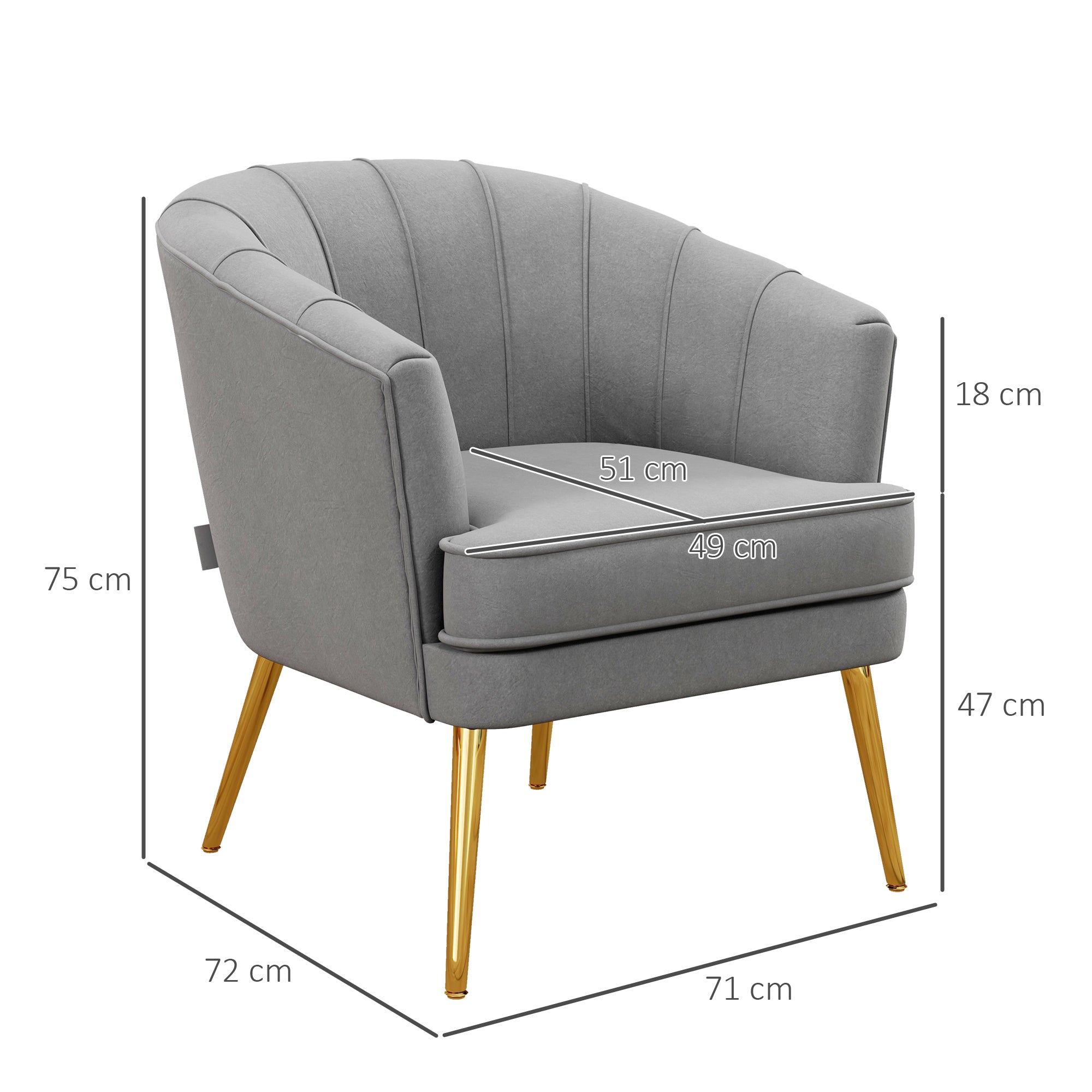 Bedroom Armchair, Velvet Armchair with Golden Legs, Living Room and Lounge Armchair in Polyester and Steel, 71x72x75cm, Gray