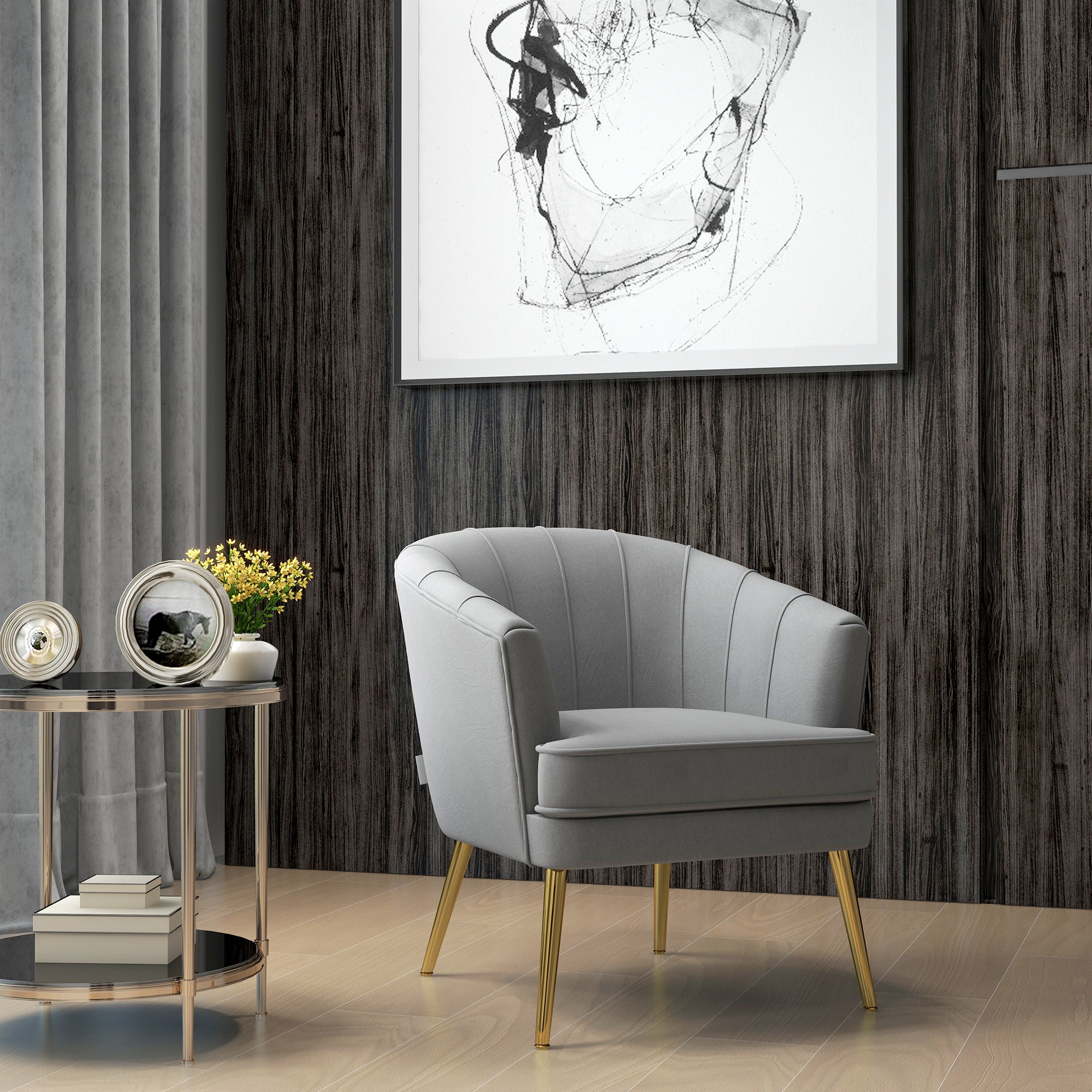 Bedroom Armchair, Velvet Armchair with Golden Legs, Living Room and Lounge Armchair in Polyester and Steel, 71x72x75cm, Gray