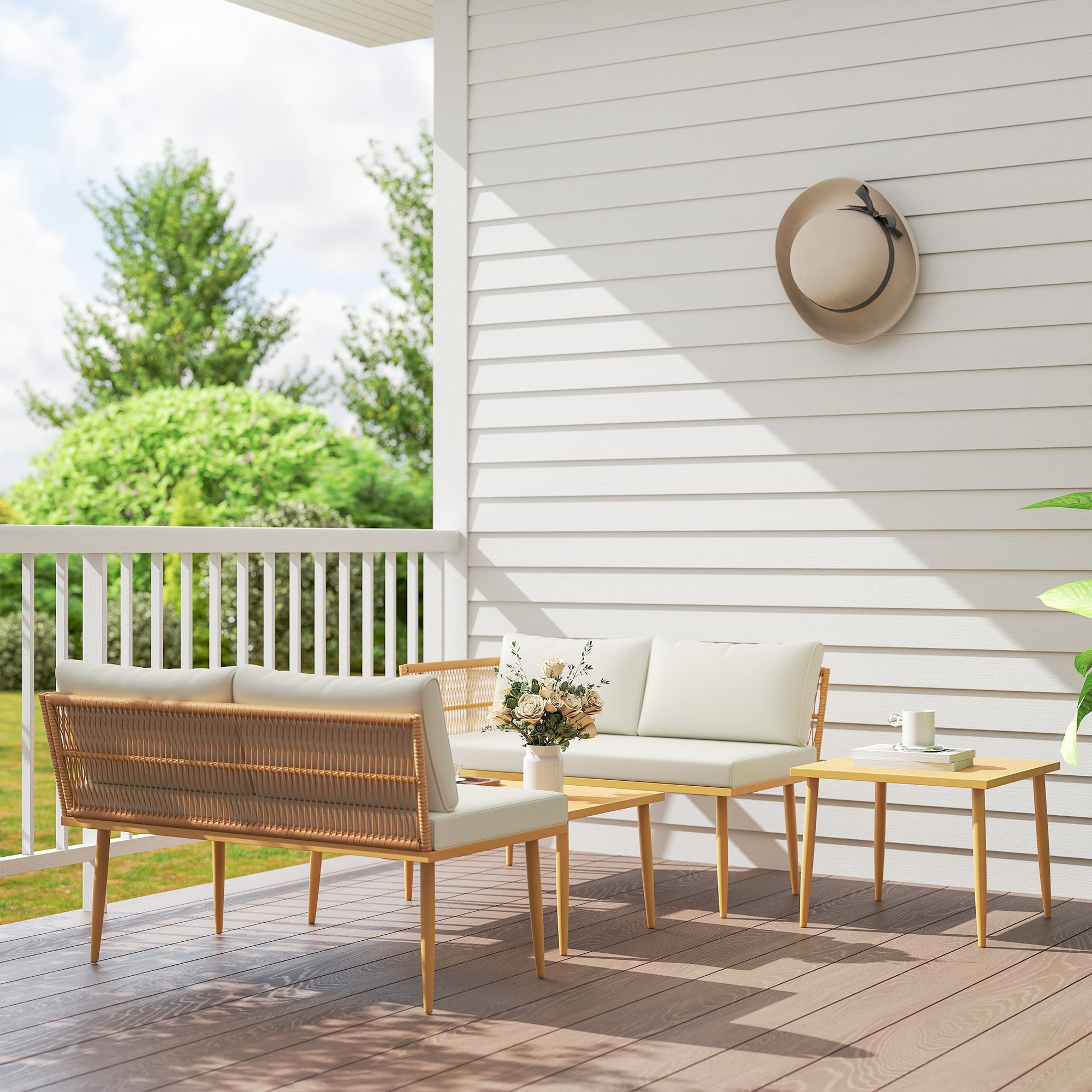 4-Piece Rattan Garden Furniture Set, Outdoor Lounge with 2 Two-Seater Sofas, 2 Coffee Tables and Washable Cushions, Steel Frame, UV-Resistant, Natural and Cream