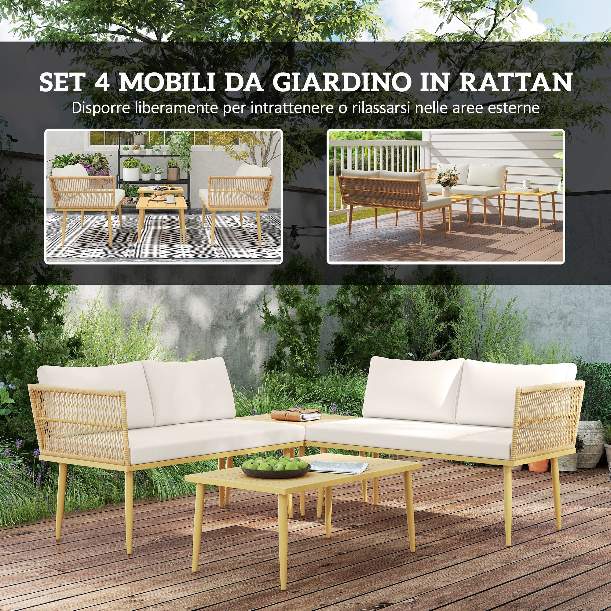 4-Piece Rattan Garden Furniture Set, Outdoor Lounge with 2 Two-Seater Sofas, 2 Coffee Tables and Washable Cushions, Steel Frame, UV-Resistant, Natural and Cream