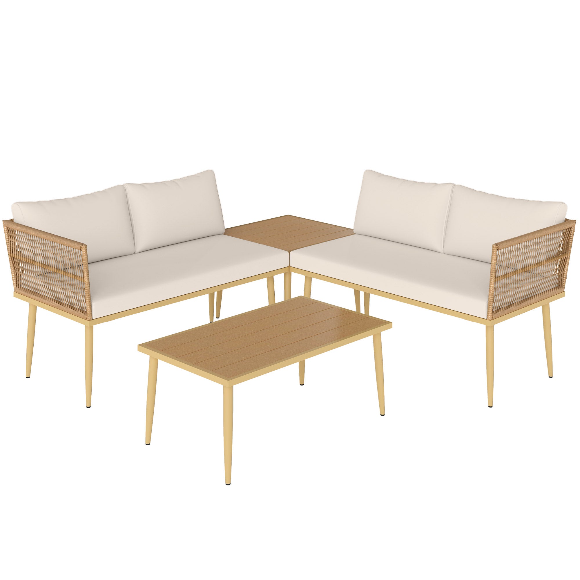 4-Piece Rattan Garden Furniture Set, Outdoor Lounge with 2 Two-Seater Sofas, 2 Coffee Tables and Washable Cushions, Steel Frame, UV-Resistant, Natural and Cream