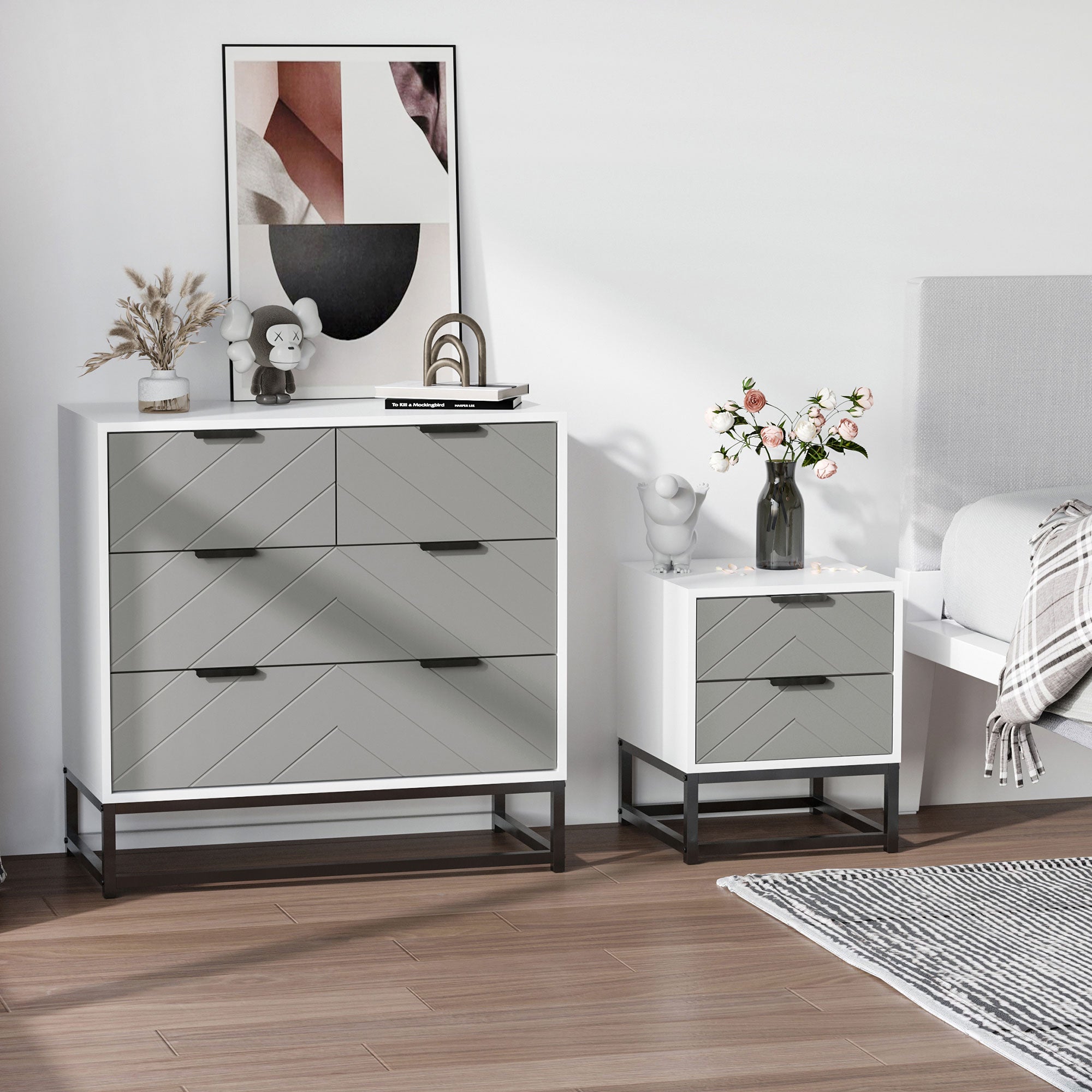 Bedside Table Side Table with 2 Drawers and Metal Elevated Base for Bedroom Living Room Modern and Minimalist Style 39.5x40x48 cm White and Gray