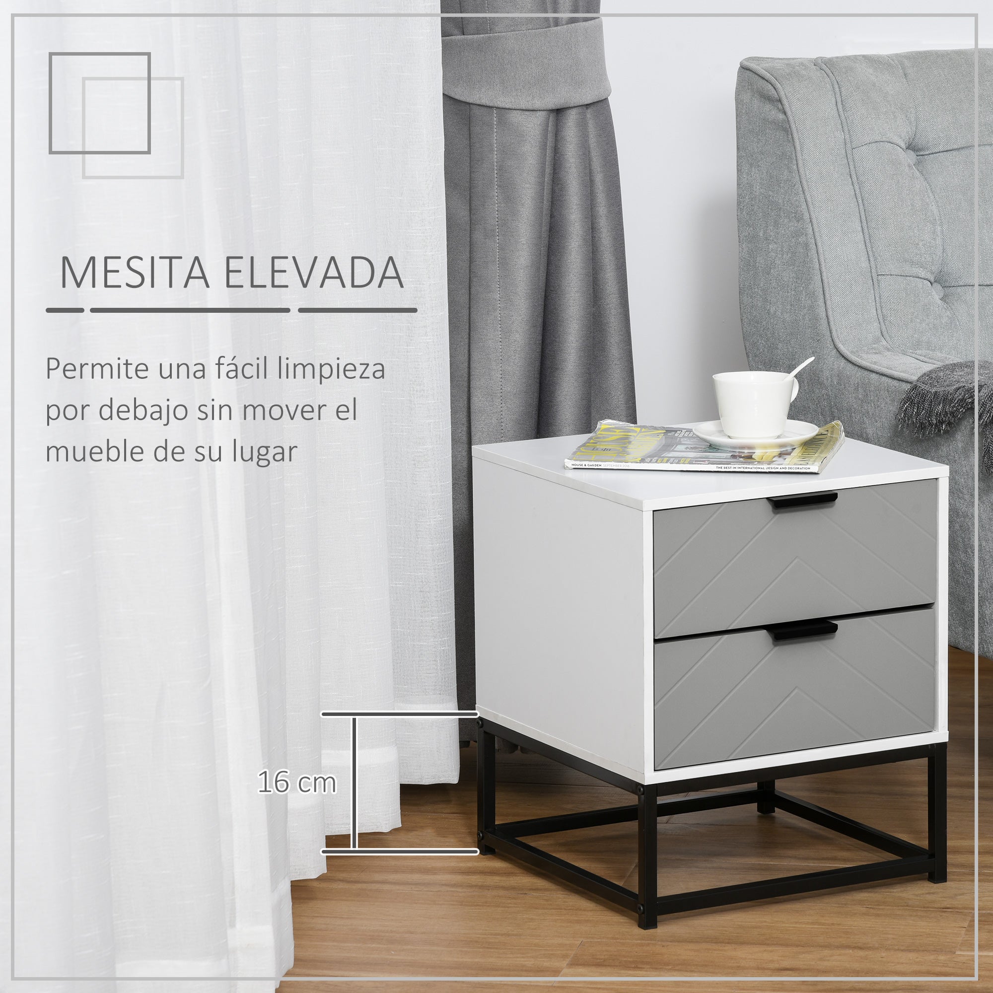 Bedside Table Side Table with 2 Drawers and Metal Elevated Base for Bedroom Living Room Modern and Minimalist Style 39.5x40x48 cm White and Gray