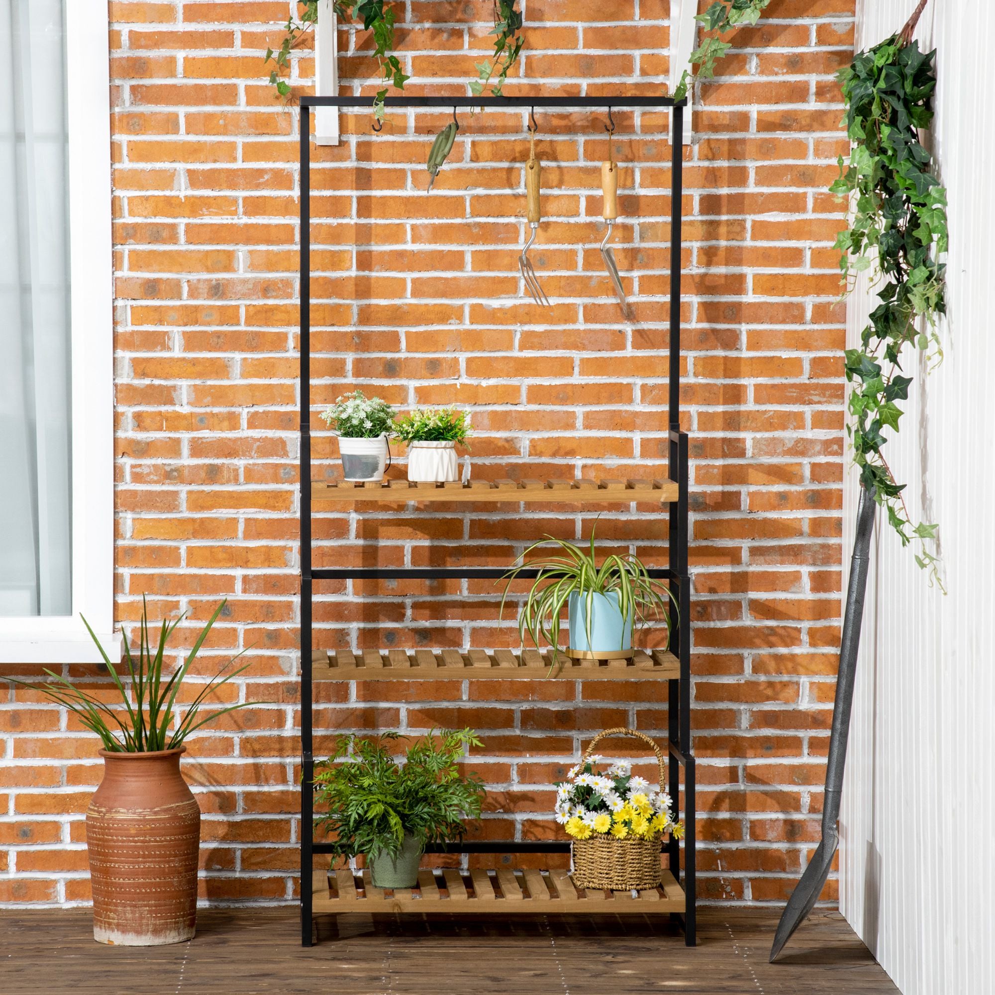 3-Tier Plant Stand Flower Ladder made of Metal and Solid Wood Plant Shelf with Mounting Hooks for the Garden Black+Natural