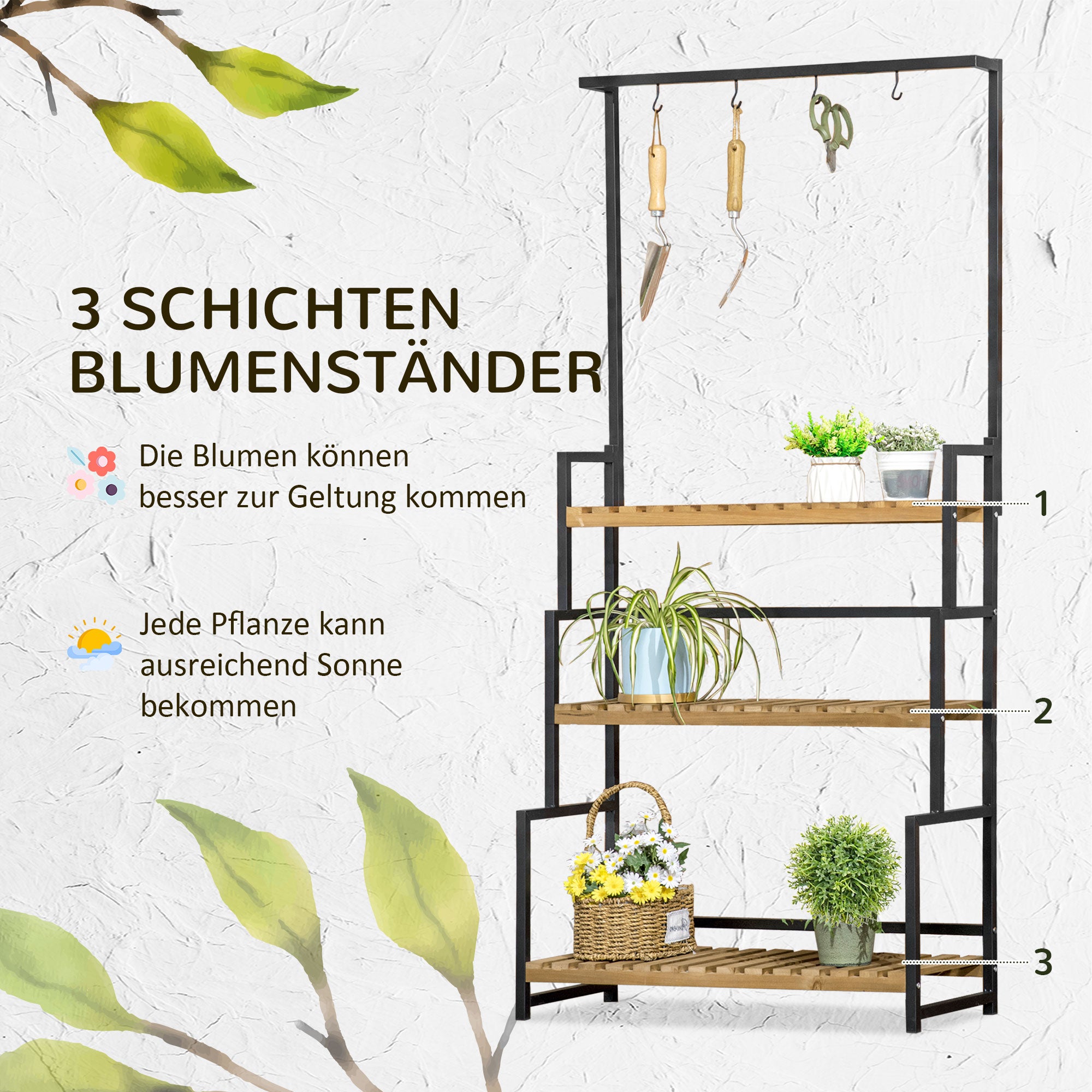 3-Tier Plant Stand Flower Ladder made of Metal and Solid Wood Plant Shelf with Mounting Hooks for the Garden Black+Natural