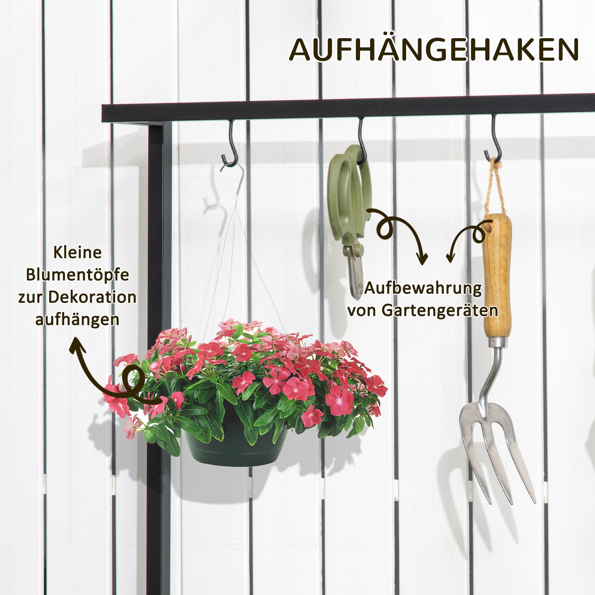 3-Tier Plant Stand Flower Ladder made of Metal and Solid Wood Plant Shelf with Mounting Hooks for the Garden Black+Natural