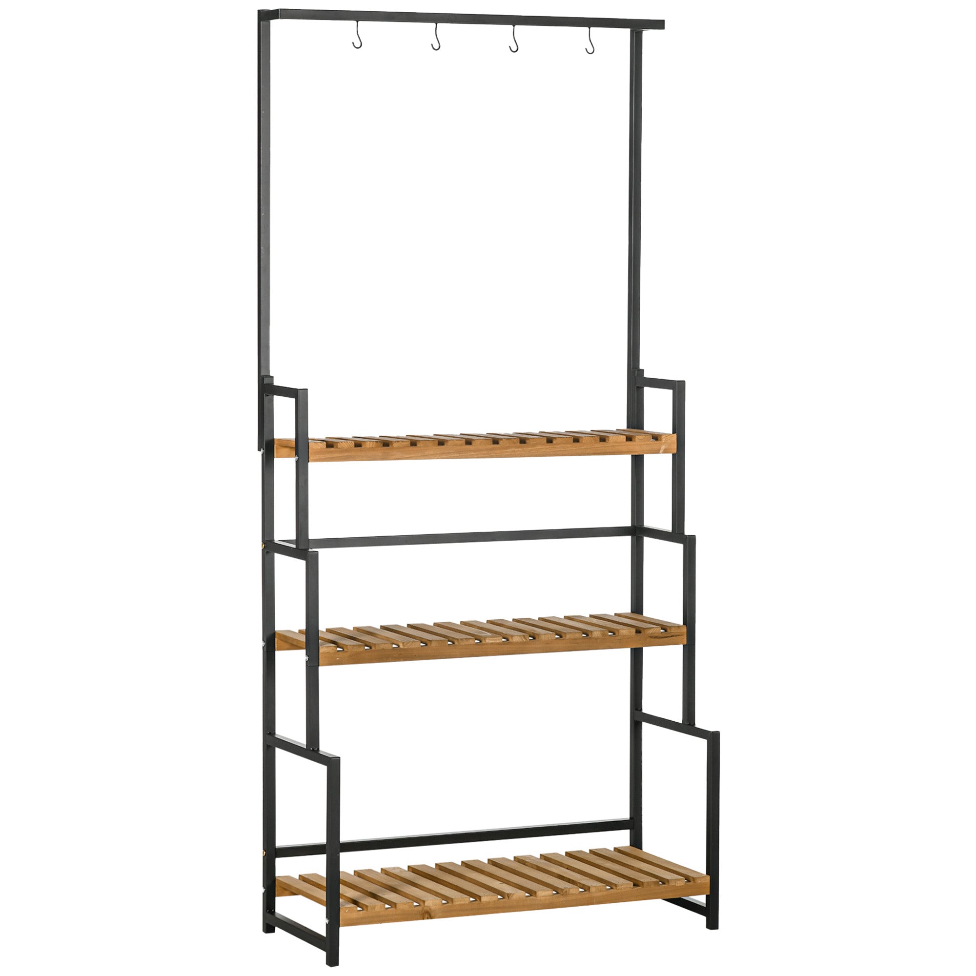 3-Tier Plant Stand Flower Ladder made of Metal and Solid Wood Plant Shelf with Mounting Hooks for the Garden Black+Natural