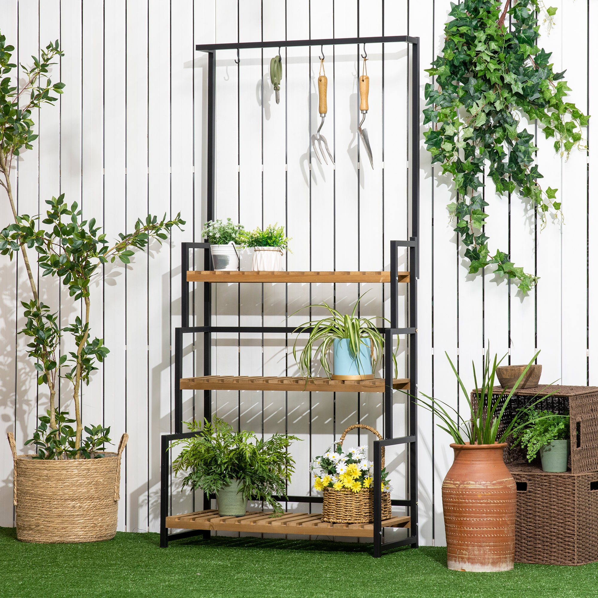 3-Tier Plant Stand Flower Ladder made of Metal and Solid Wood Plant Shelf with Mounting Hooks for the Garden Black+Natural