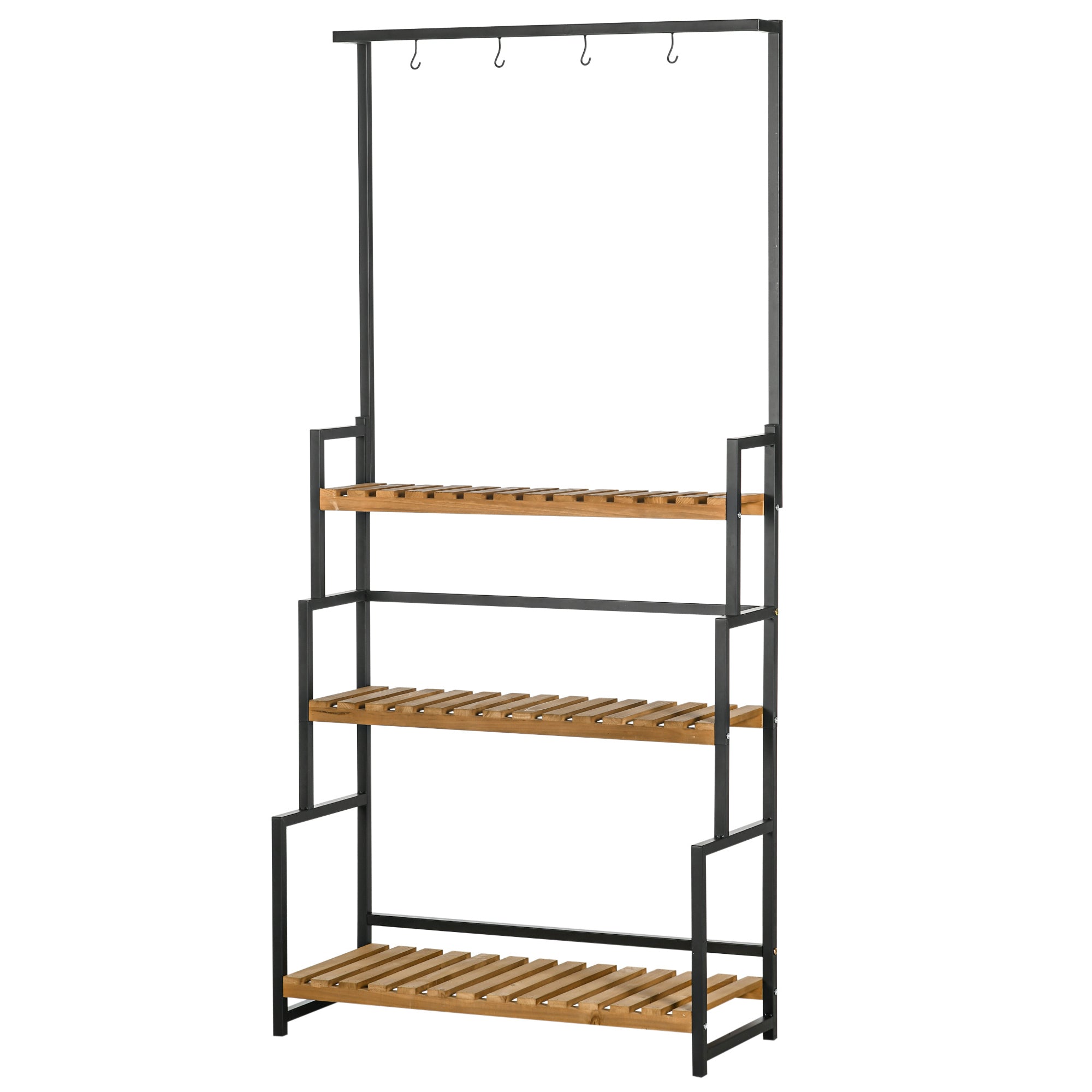 3-Tier Plant Stand Flower Ladder made of Metal and Solid Wood Plant Shelf with Mounting Hooks for the Garden Black+Natural