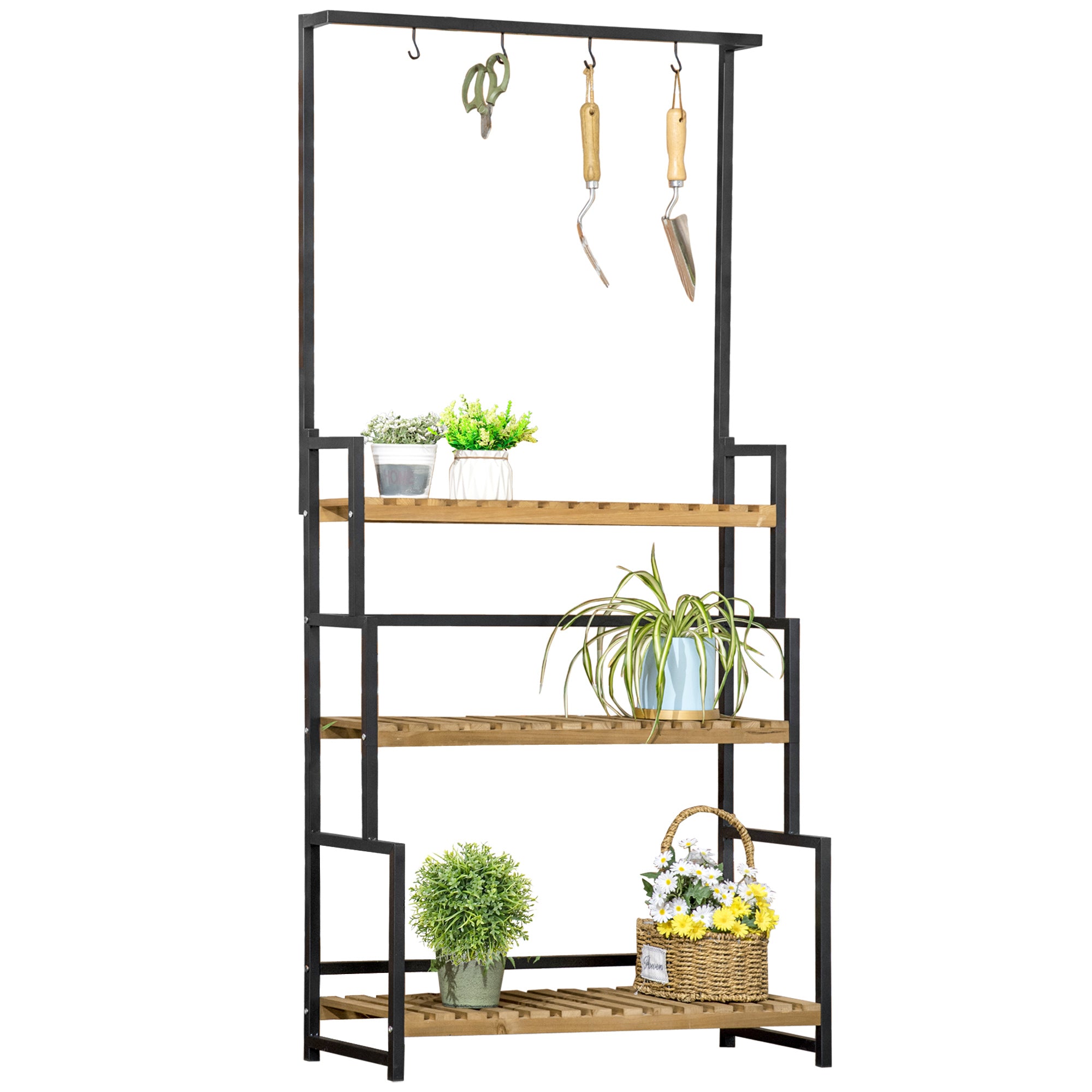 3-Tier Plant Stand Flower Ladder made of Metal and Solid Wood Plant Shelf with Mounting Hooks for the Garden Black+Natural