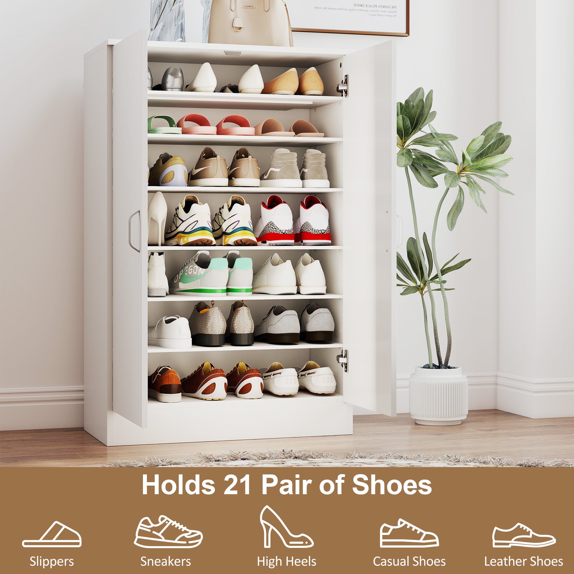 2-Door Shoe Cabinet with 6 Adjustable Shelves, Soft-Close, Stores up to 21 Pairs – Natural Wood Finish (27.6 x 13.8 x 42.5 in)