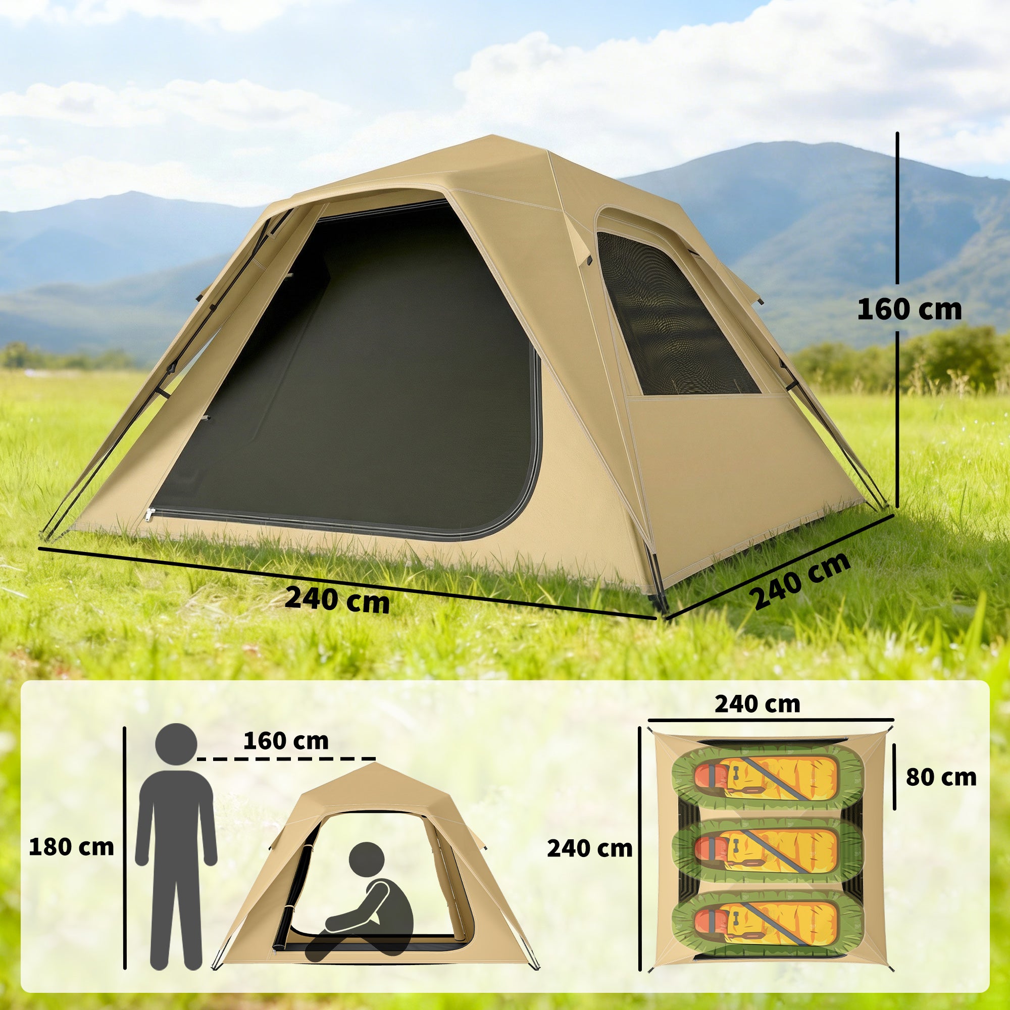 Instant Pop-Up Tent with Mesh Windows & Carry Bag, 3000 mm Waterproof, UPF50+ – 3–4 Person, Khaki