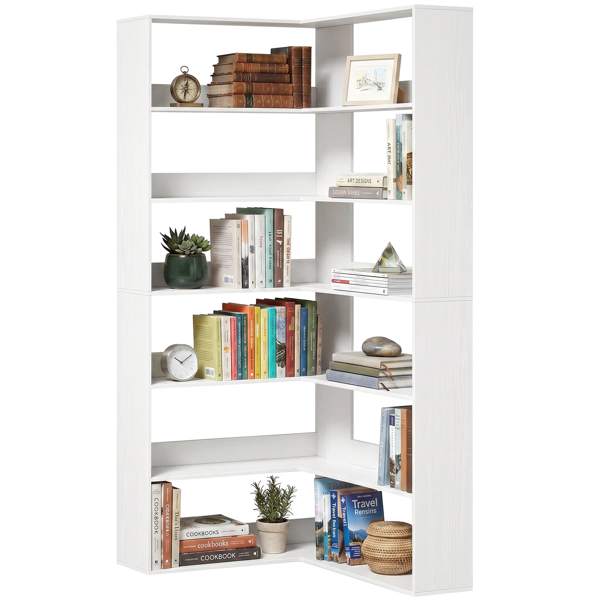 7-Tier L-Shaped Corner Bookcase, White Wood-Effect, Non-Slip 2.8 in Back Lip, 35.4 x 35.4 x 70.9 in