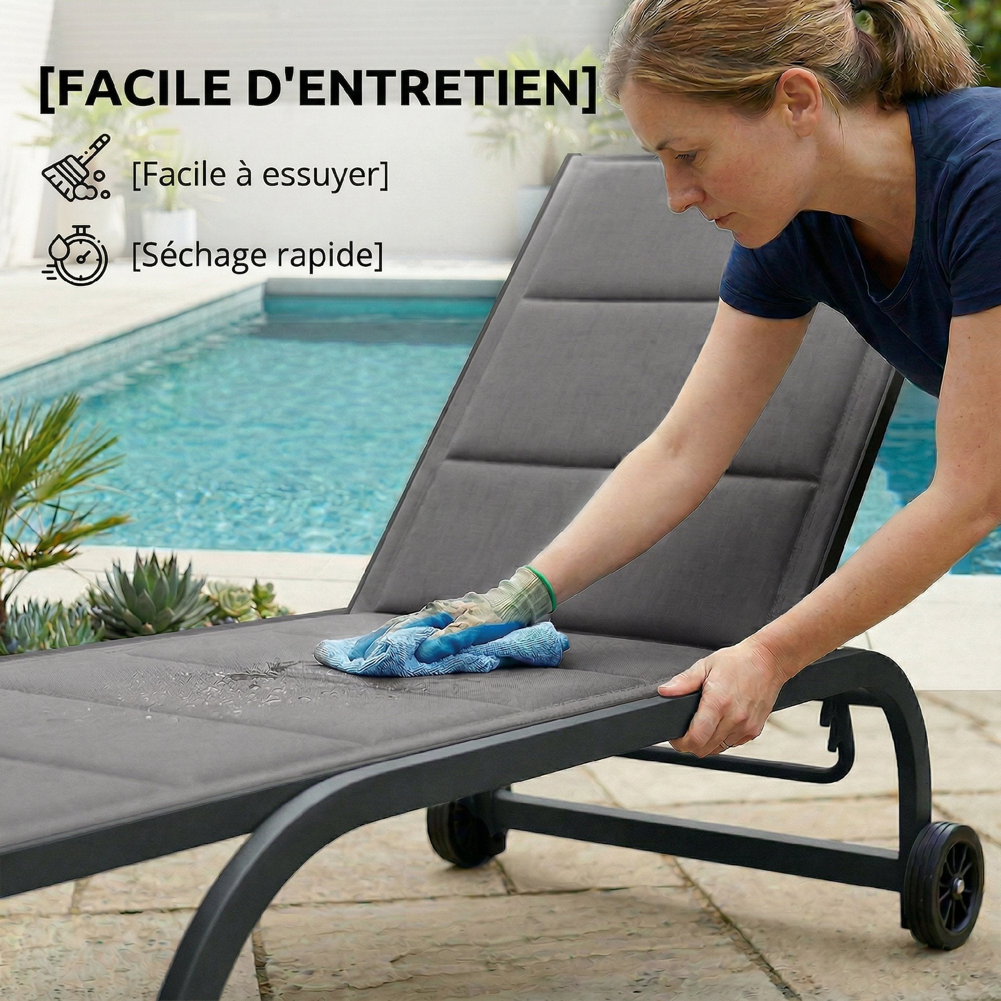 Aluminum Sun Lounger, 6-Position Adjustable Backrest with Wheels, 560 g/m² Textilene & Built-In Padding, Rust-Resistant Recliner for Patio, Pool, Garden, Beach — Dark Gray