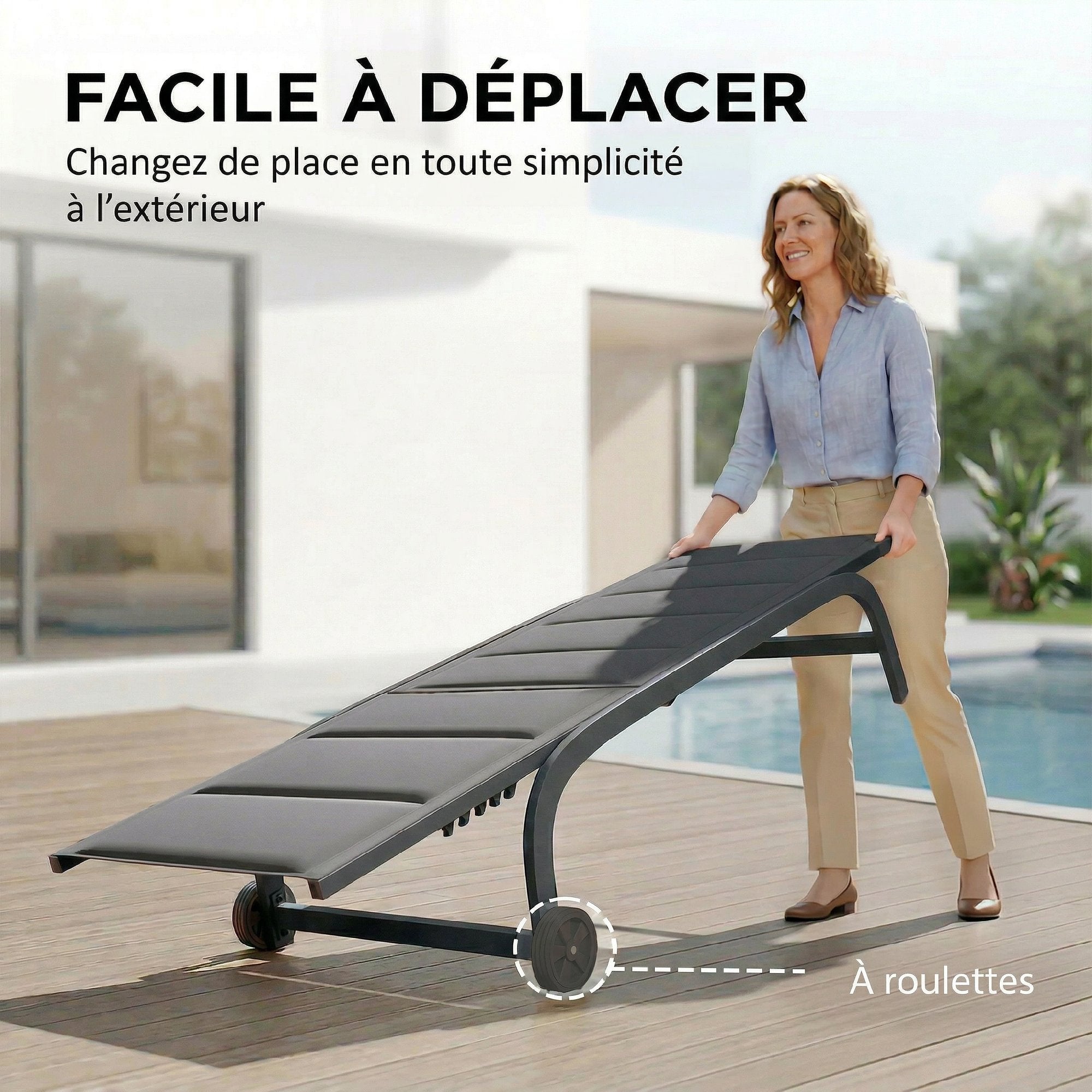 Aluminum Sun Lounger, 6-Position Adjustable Backrest with Wheels, 560 g/m² Textilene & Built-In Padding, Rust-Resistant Recliner for Patio, Pool, Garden, Beach — Dark Gray