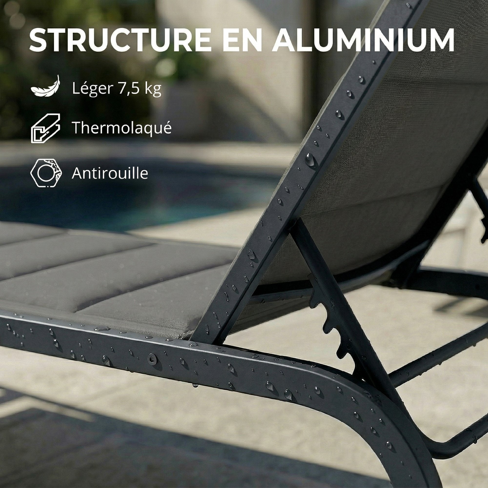 Aluminum Sun Lounger, 6-Position Adjustable Backrest with Wheels, 560 g/m² Textilene & Built-In Padding, Rust-Resistant Recliner for Patio, Pool, Garden, Beach — Dark Gray