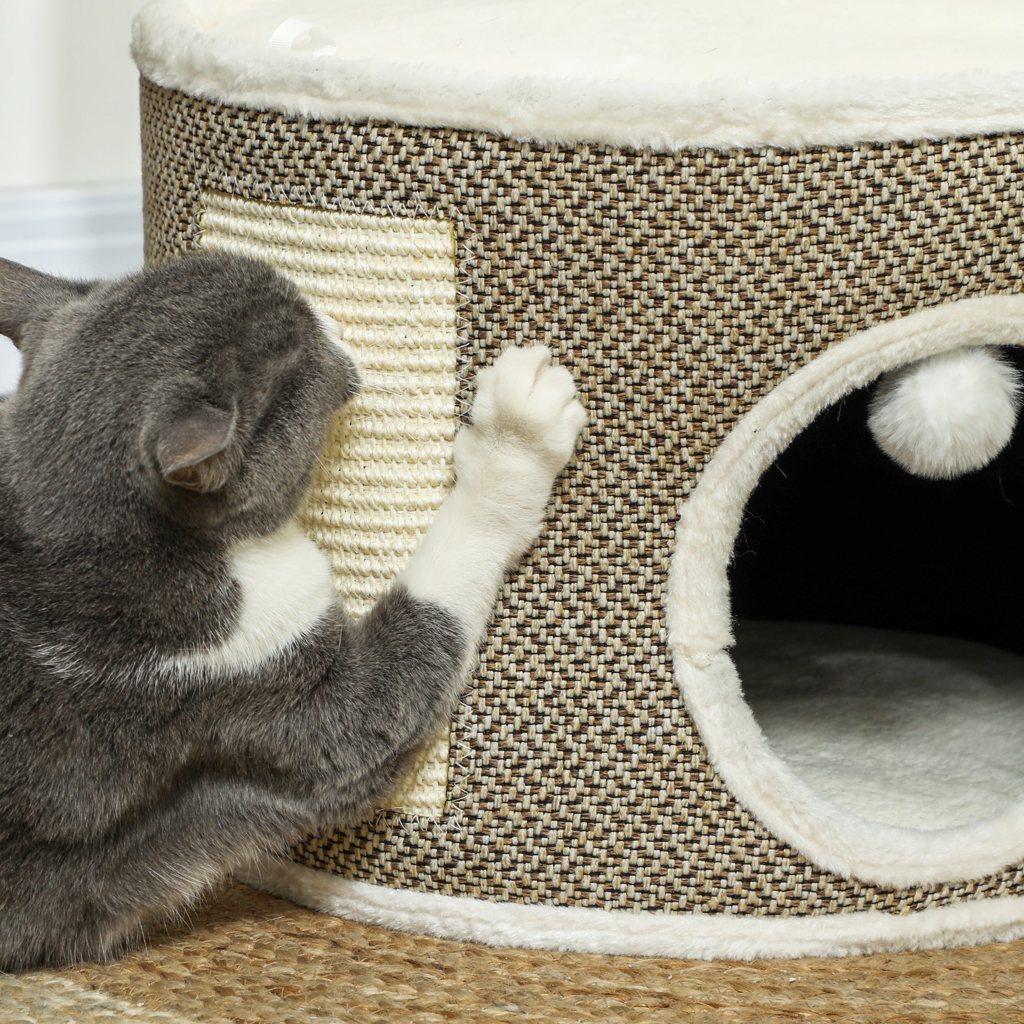 Cat Scratching Tower, Scratching Barrel for Cats, 30 cm height, with sisal scratching post, plush top, removable cushions, play ball, brown