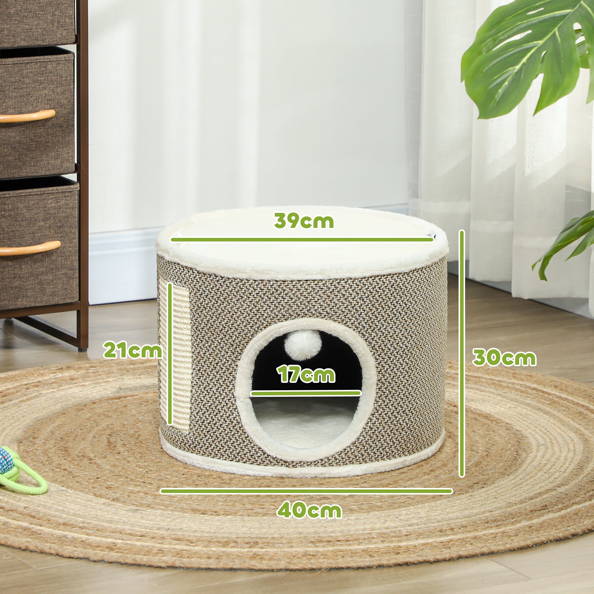 Cat Scratching Tower, Scratching Barrel for Cats, 30 cm height, with sisal scratching post, plush top, removable cushions, play ball, brown