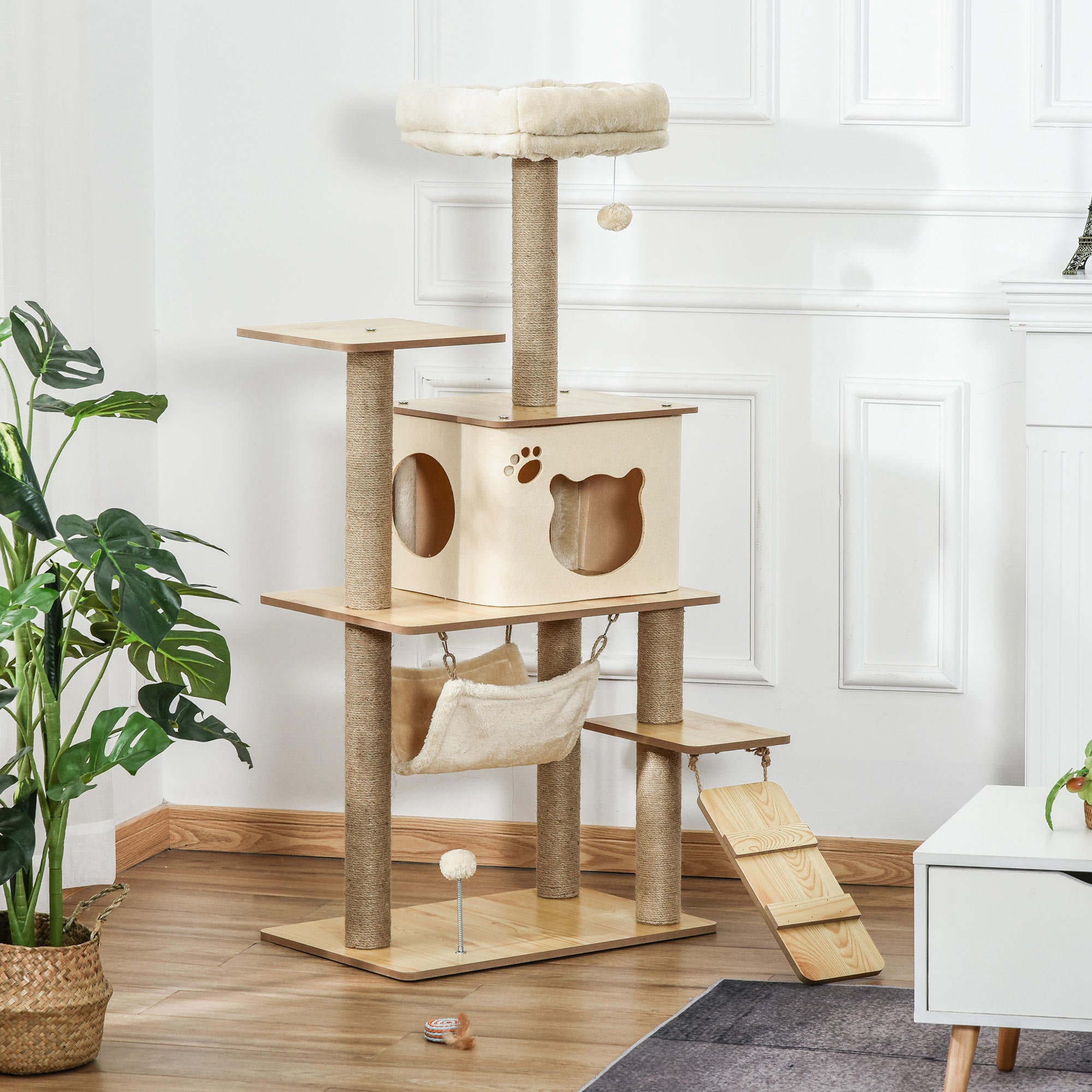 Cat Tree Scratching Post for Cats Climbing Frame made of Wood with Cat Cave Jute Stems Large Platform Play Balls 130 cm Height Stable Plush Yellow 60 x 40 x 130 cm